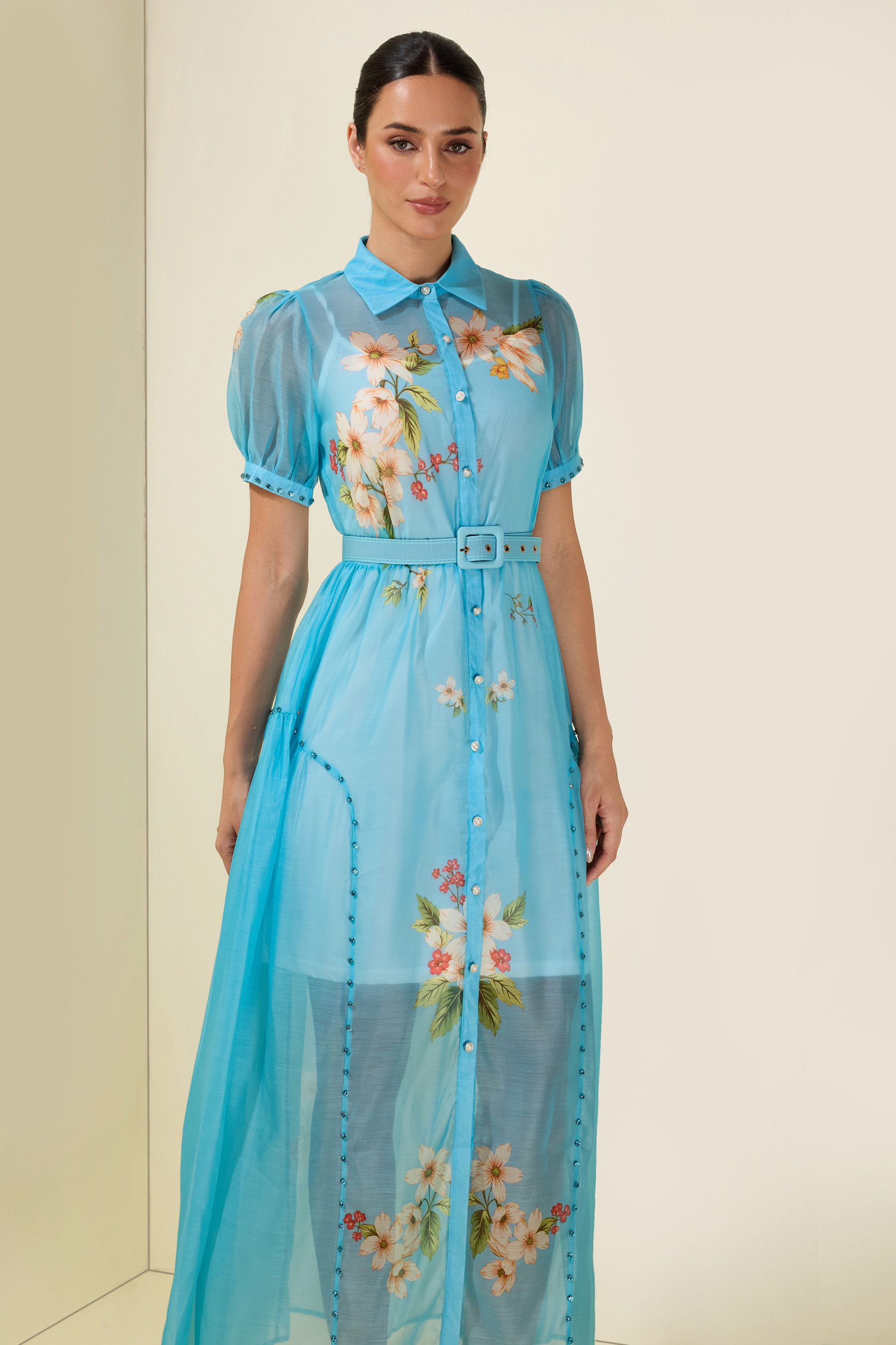 Floral Rhinestone Rivets Midi Dress With Belt