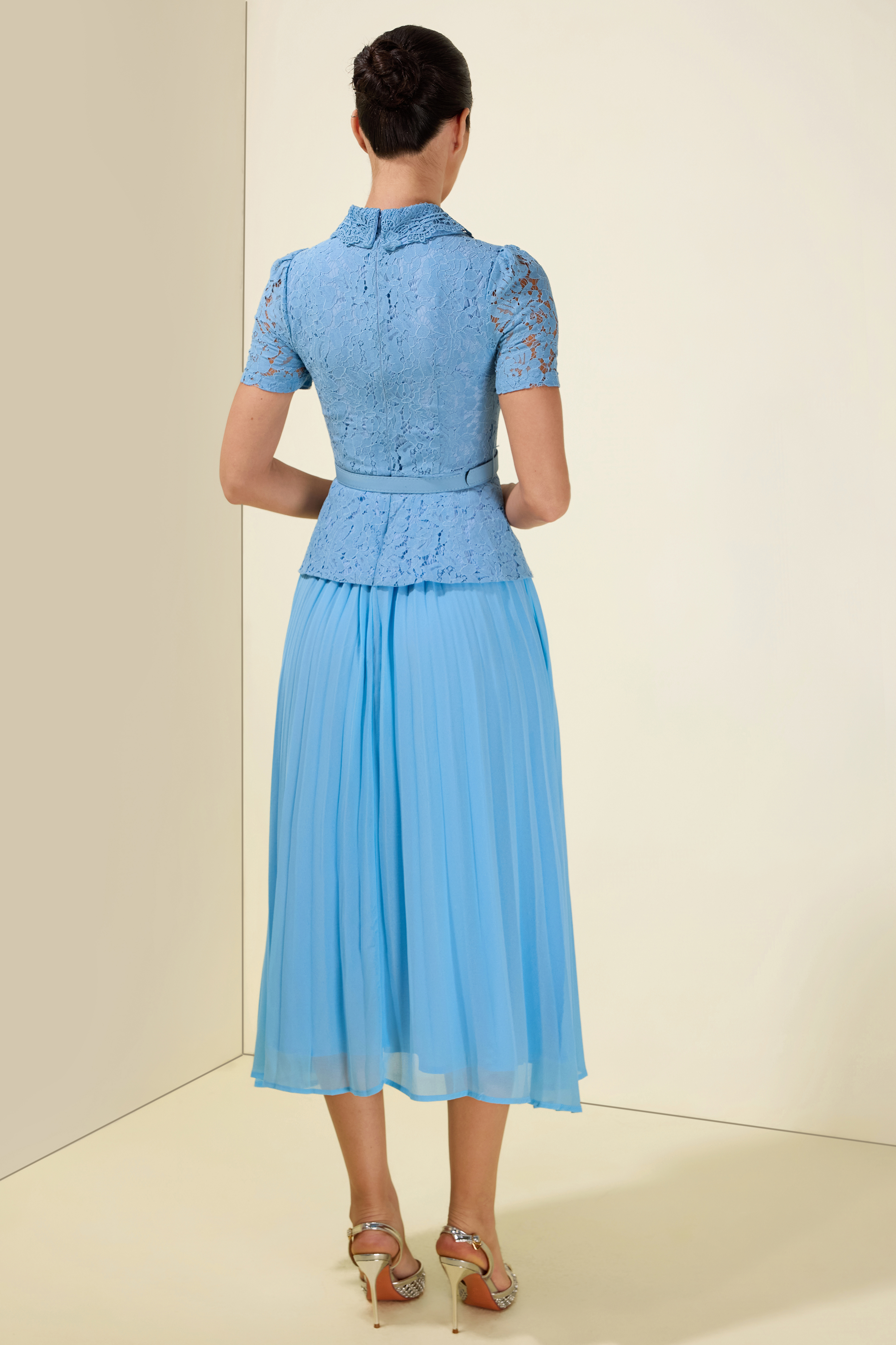 Lace Pleat With Belt Midi Dress
