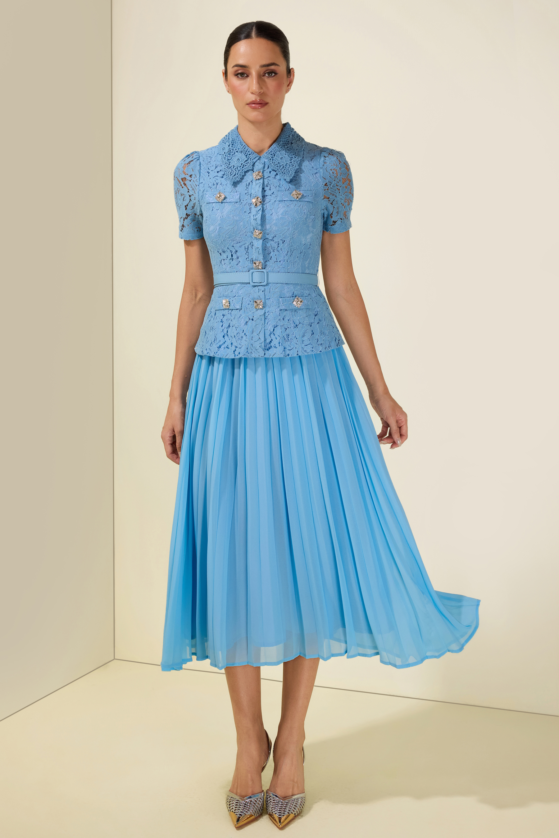 Lace Pleat With Belt Midi Dress