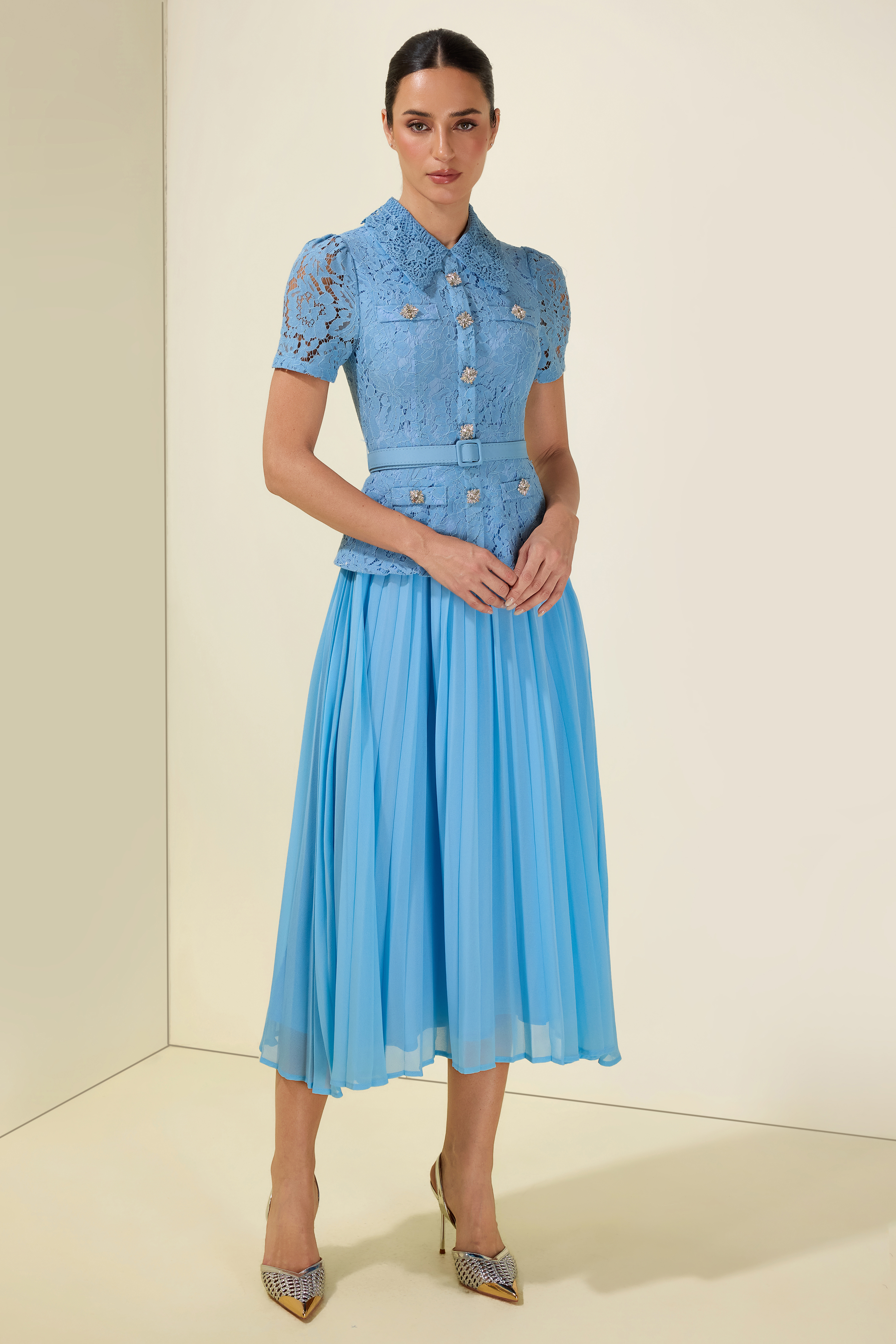 Lace Pleat With Belt Midi Dress