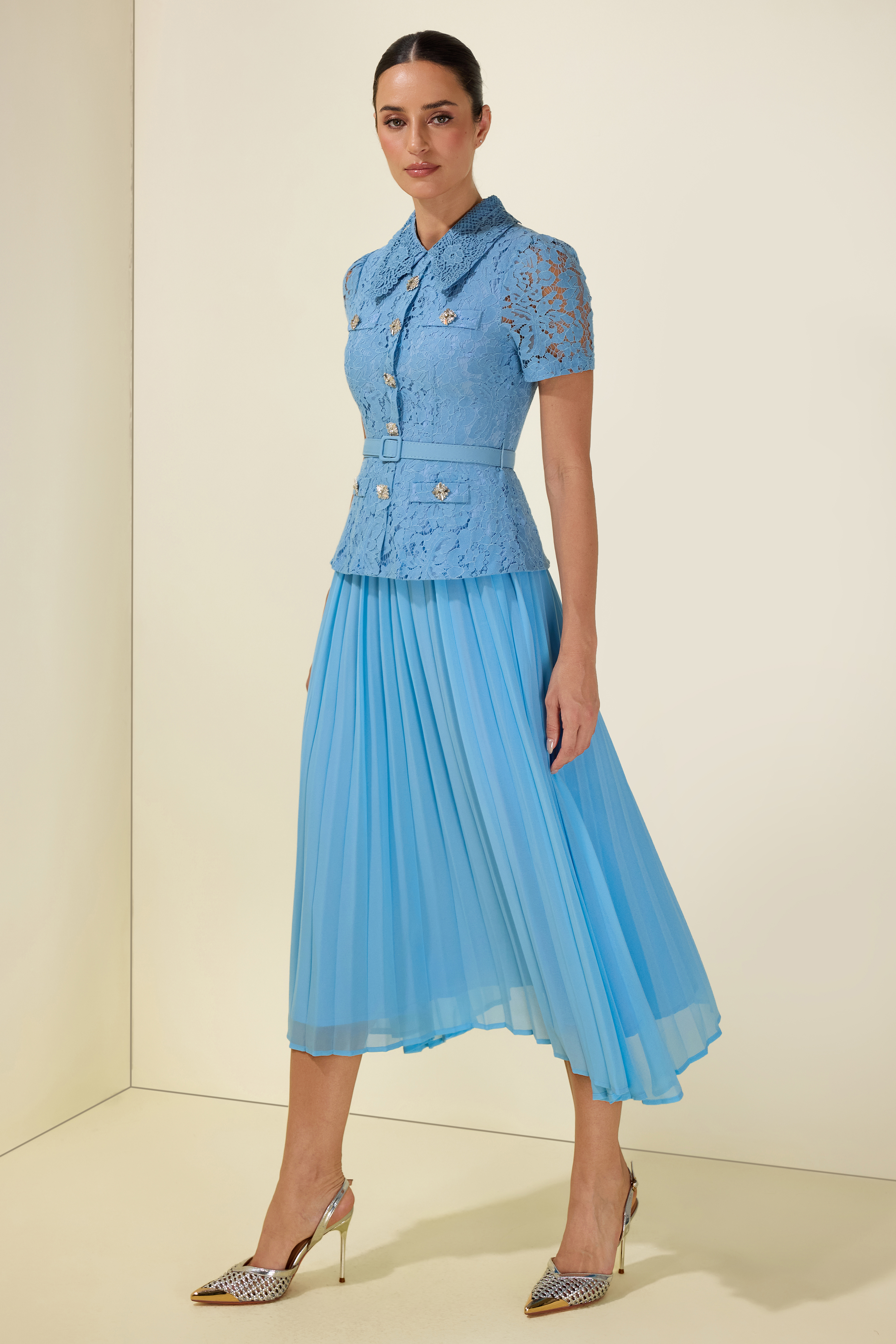 Lace Pleat With Belt Midi Dress