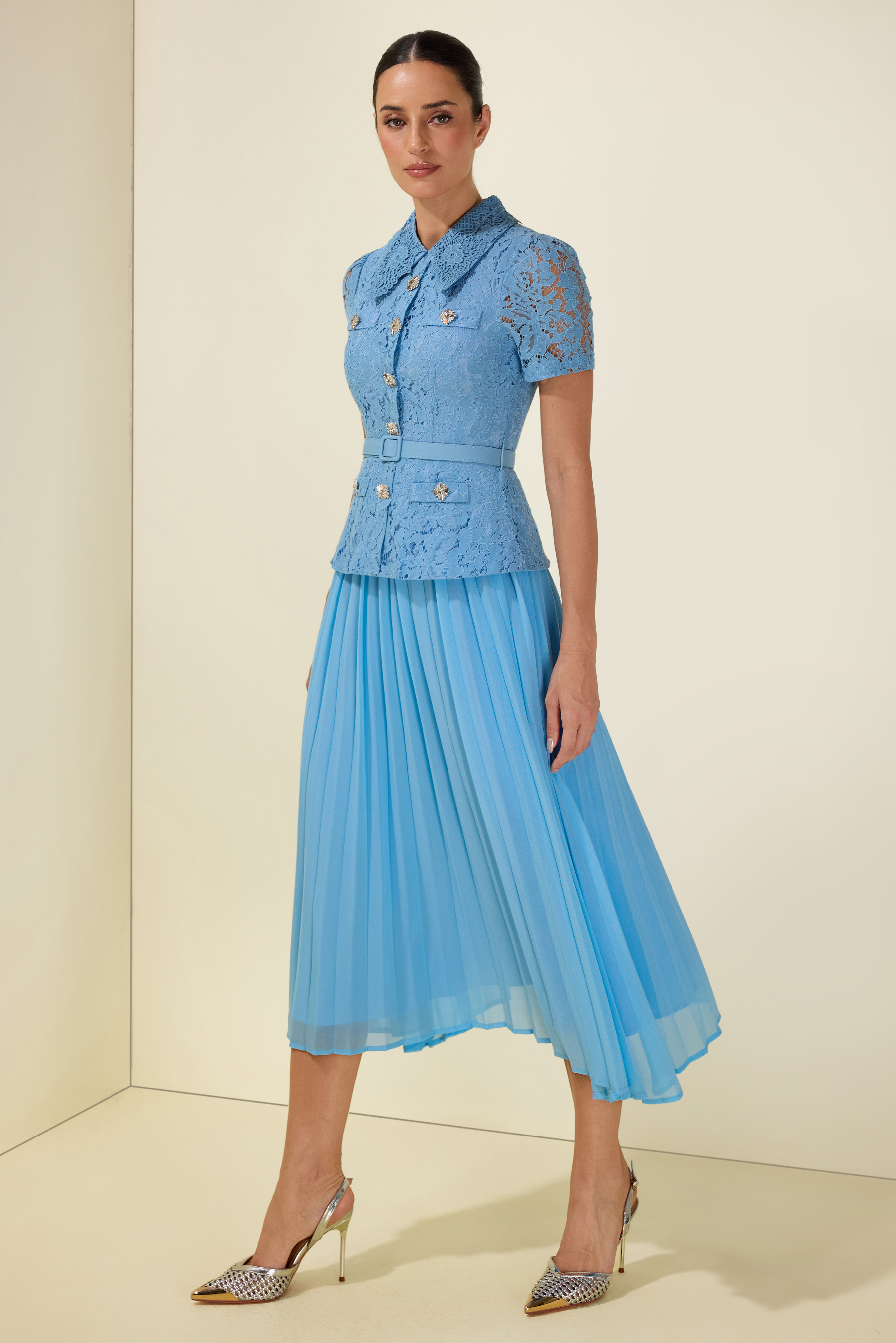 Lace Pleat With Belt Midi Dress