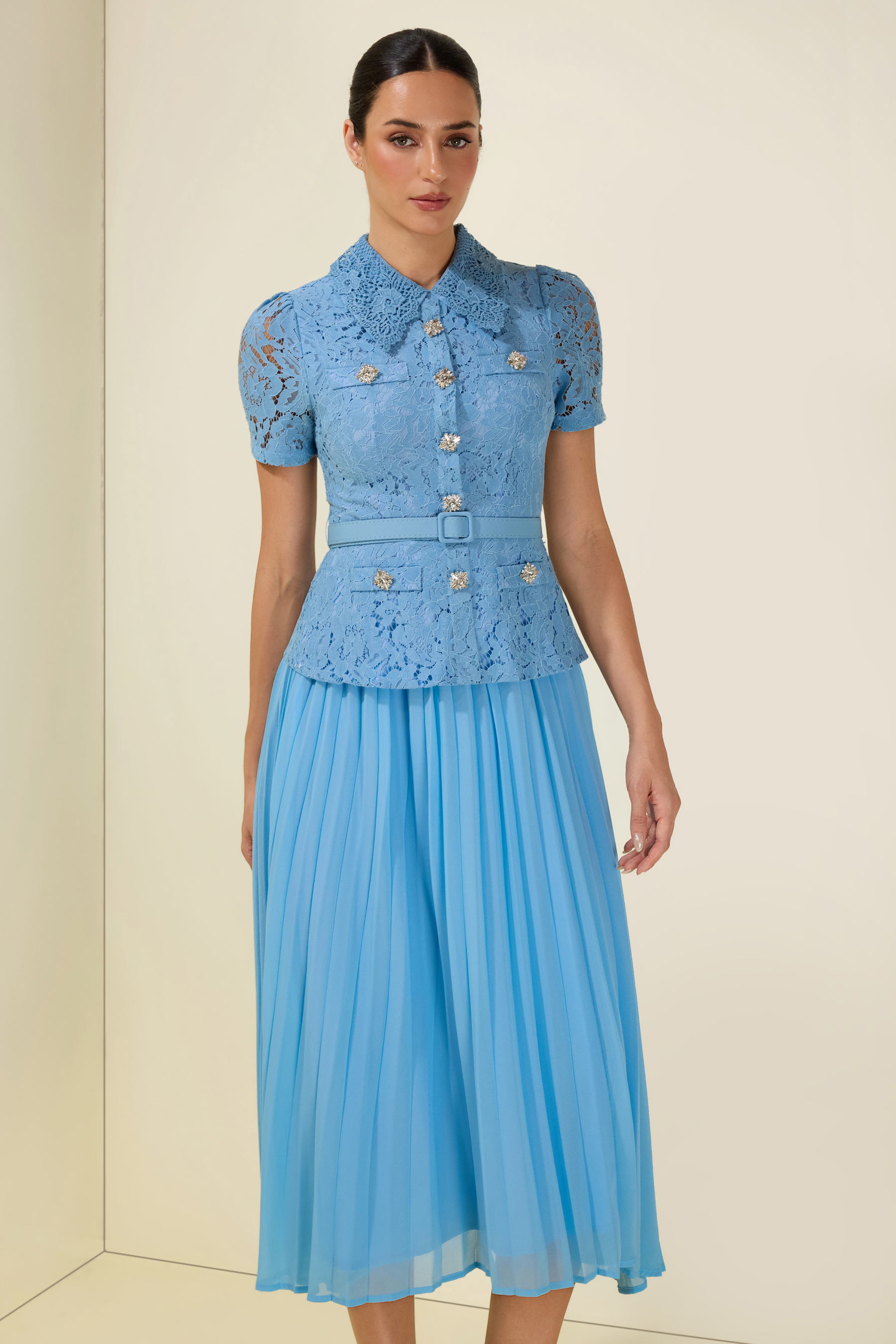 Lace Pleat With Belt Midi Dress