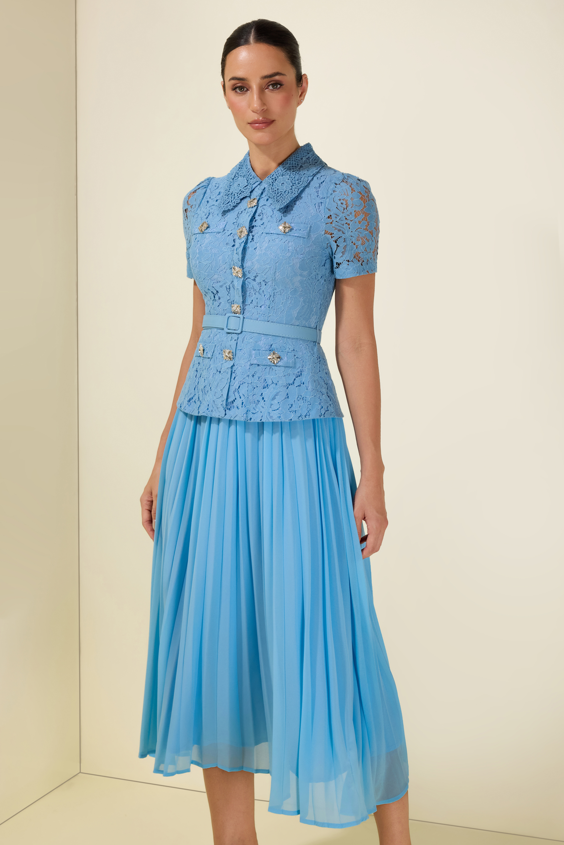 Lace Pleat With Belt Midi Dress