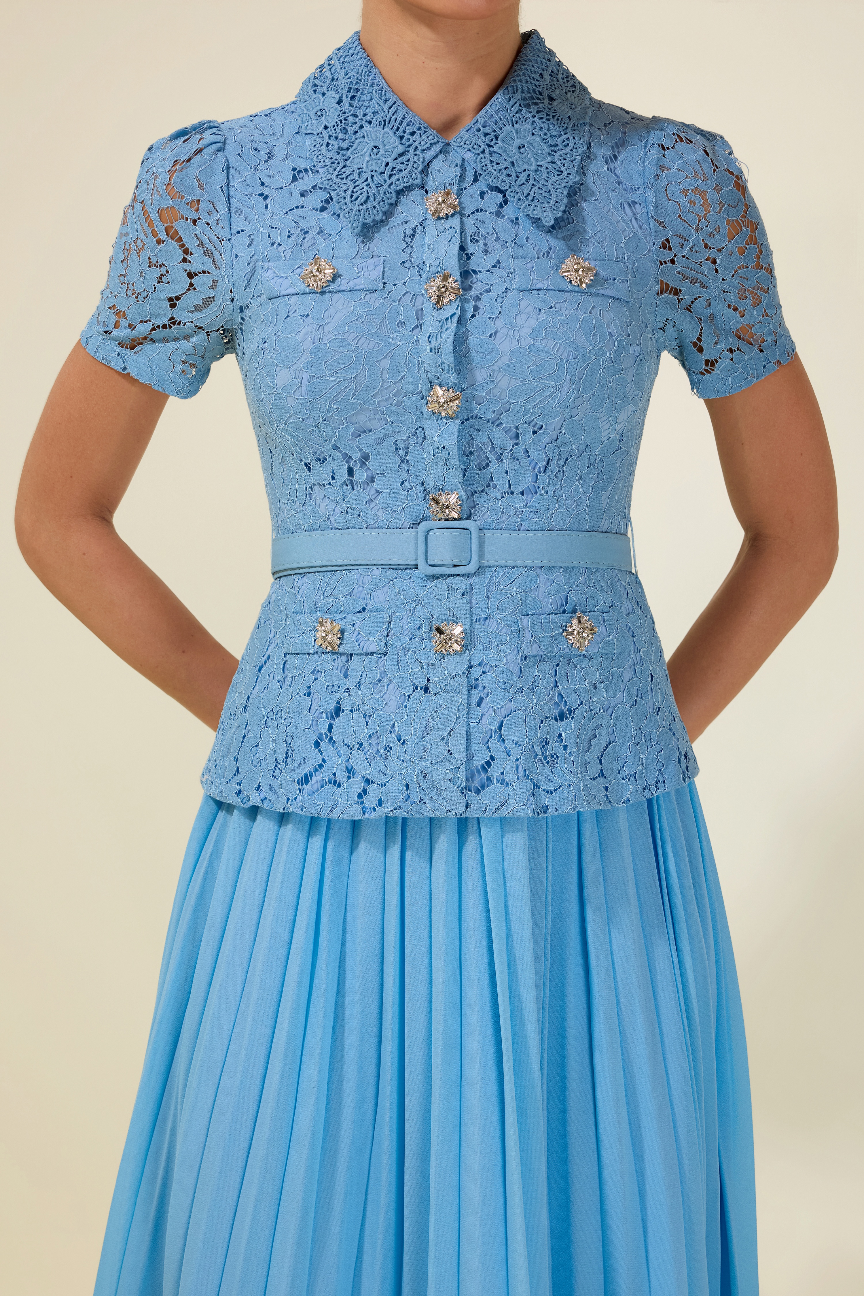 Lace Pleat With Belt Midi Dress