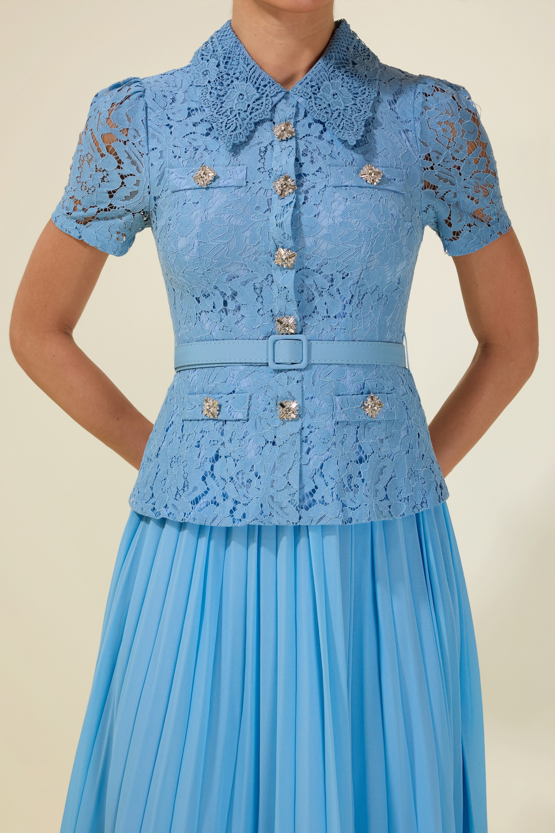 Lace Pleat With Belt Midi Dress