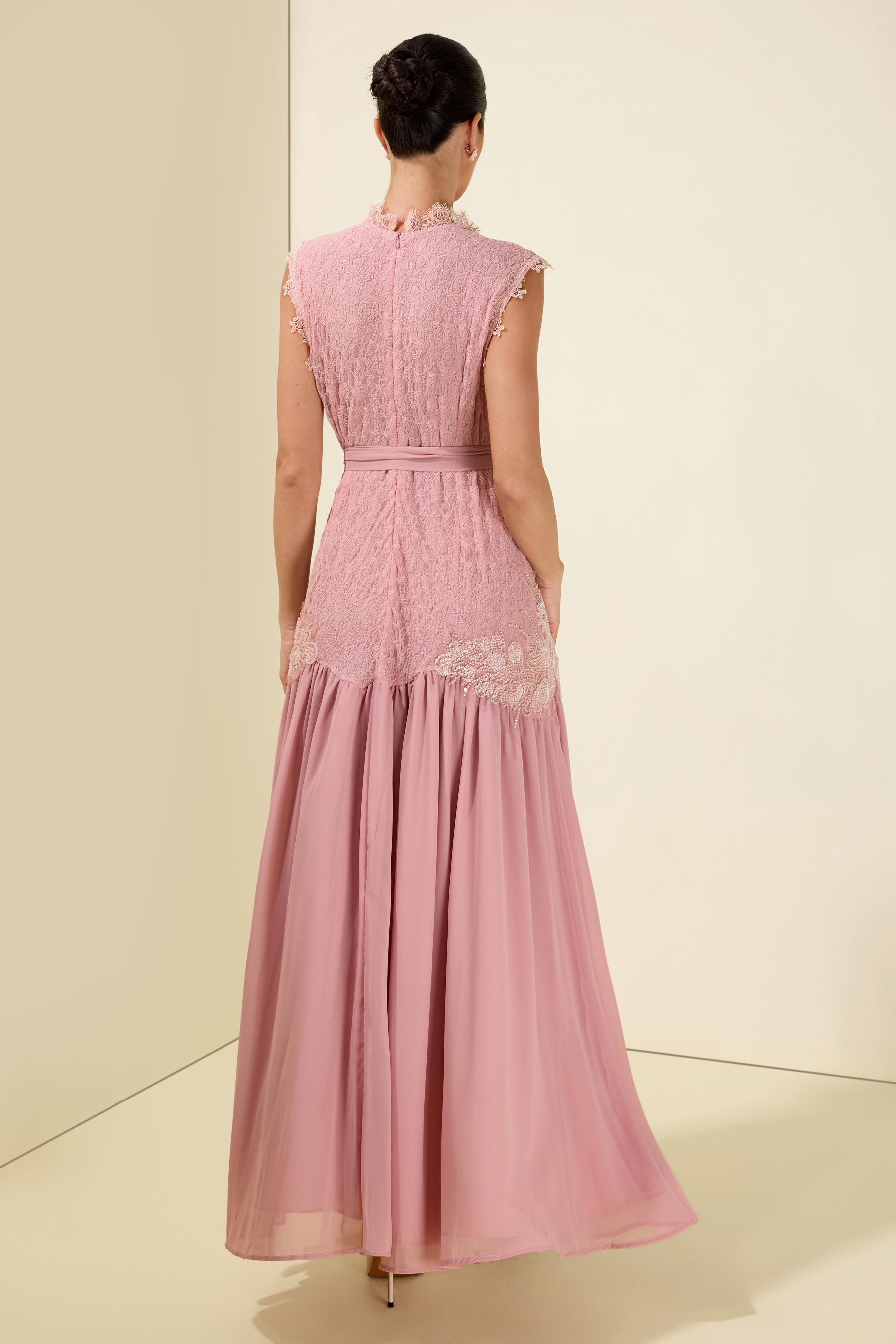 Lace Floral Sleeveless With Belt Midi Dress