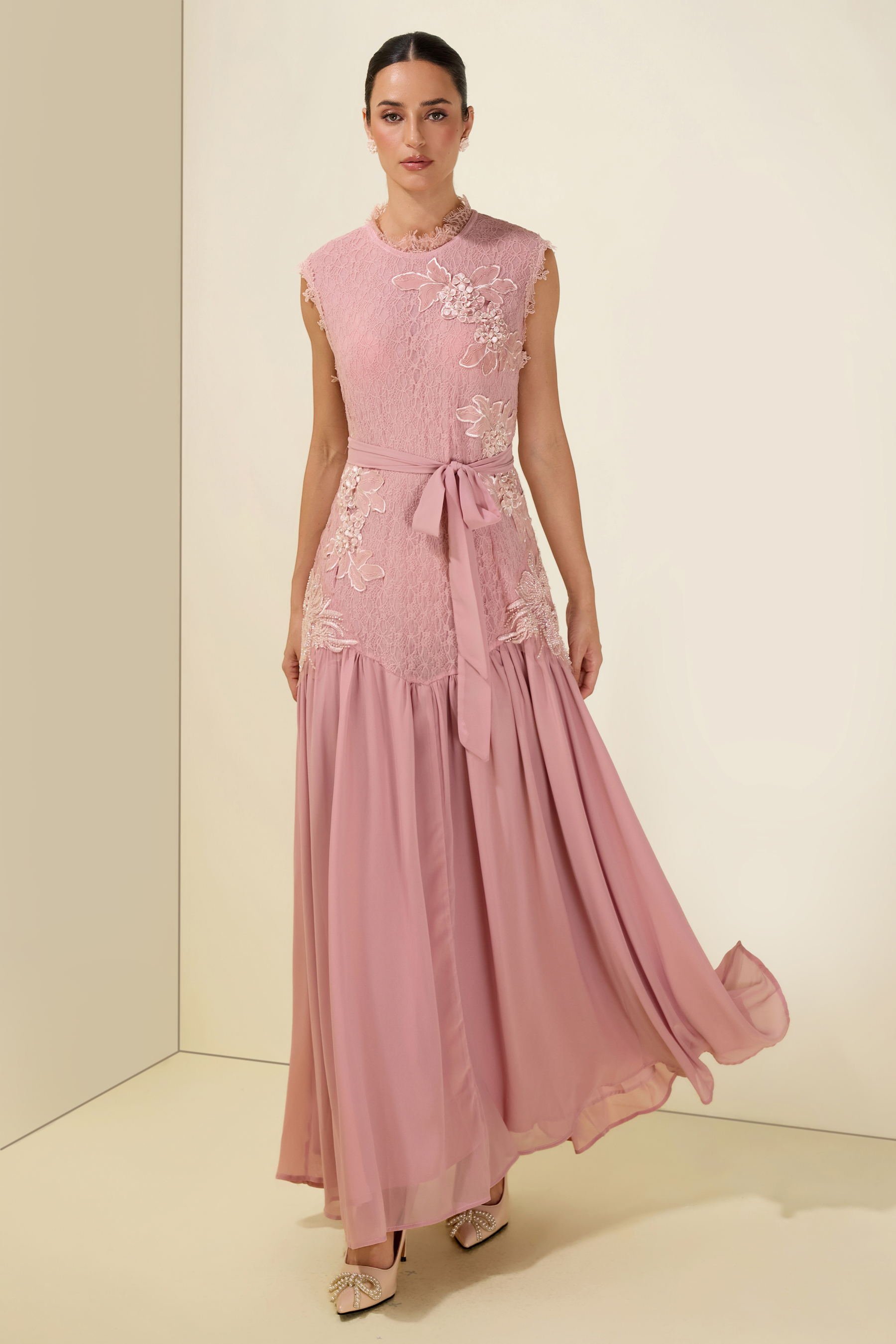Lace Floral Sleeveless With Belt Midi Dress