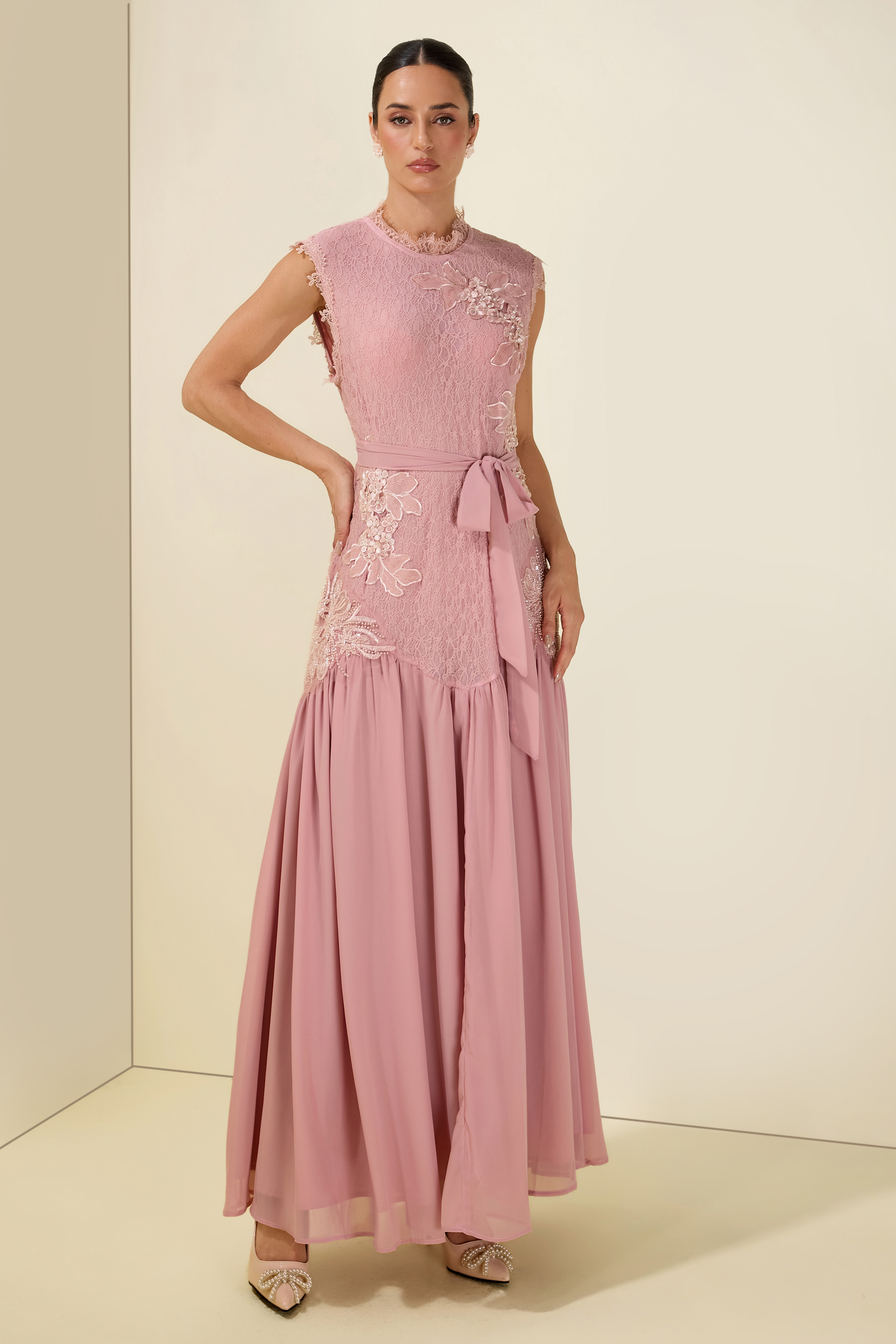 Lace Floral Sleeveless With Belt Midi Dress