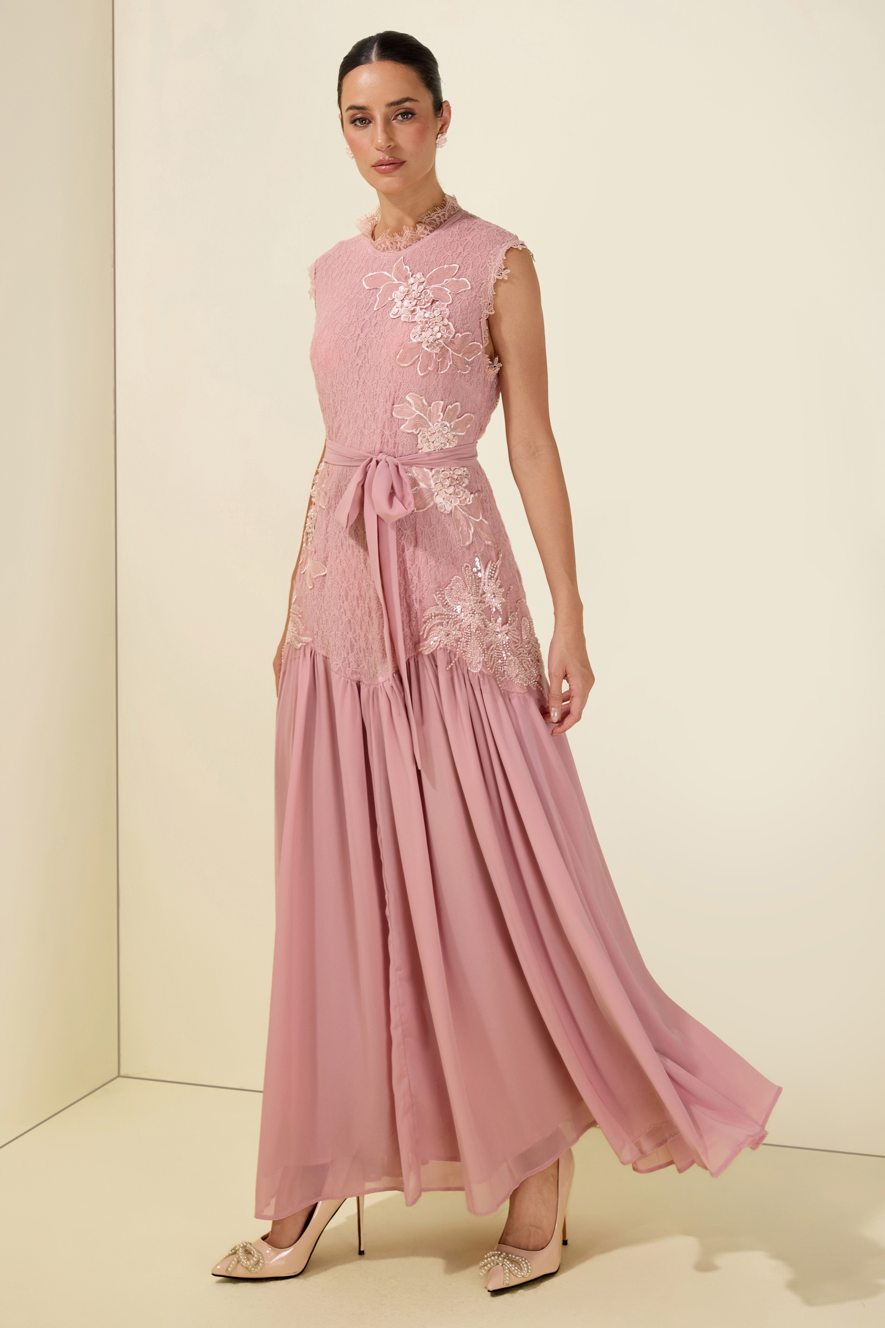 Lace Floral Sleeveless With Belt Midi Dress