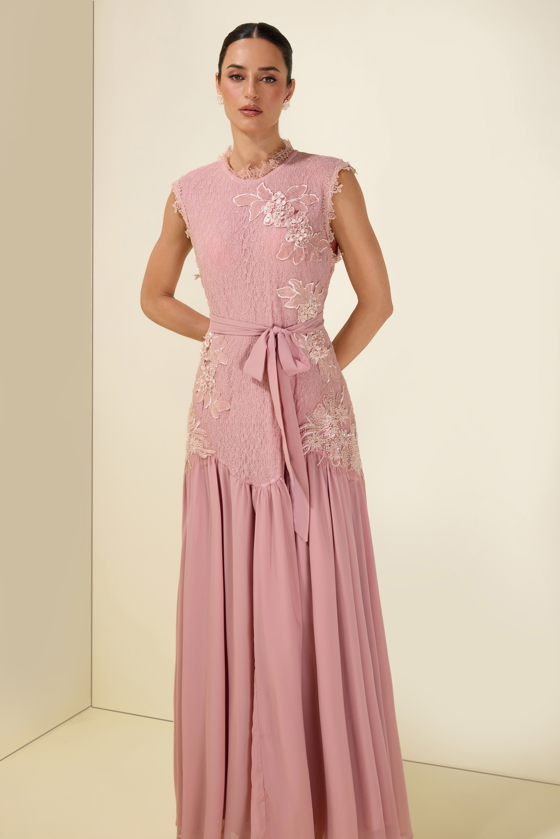 Lace Floral Sleeveless With Belt Midi Dress