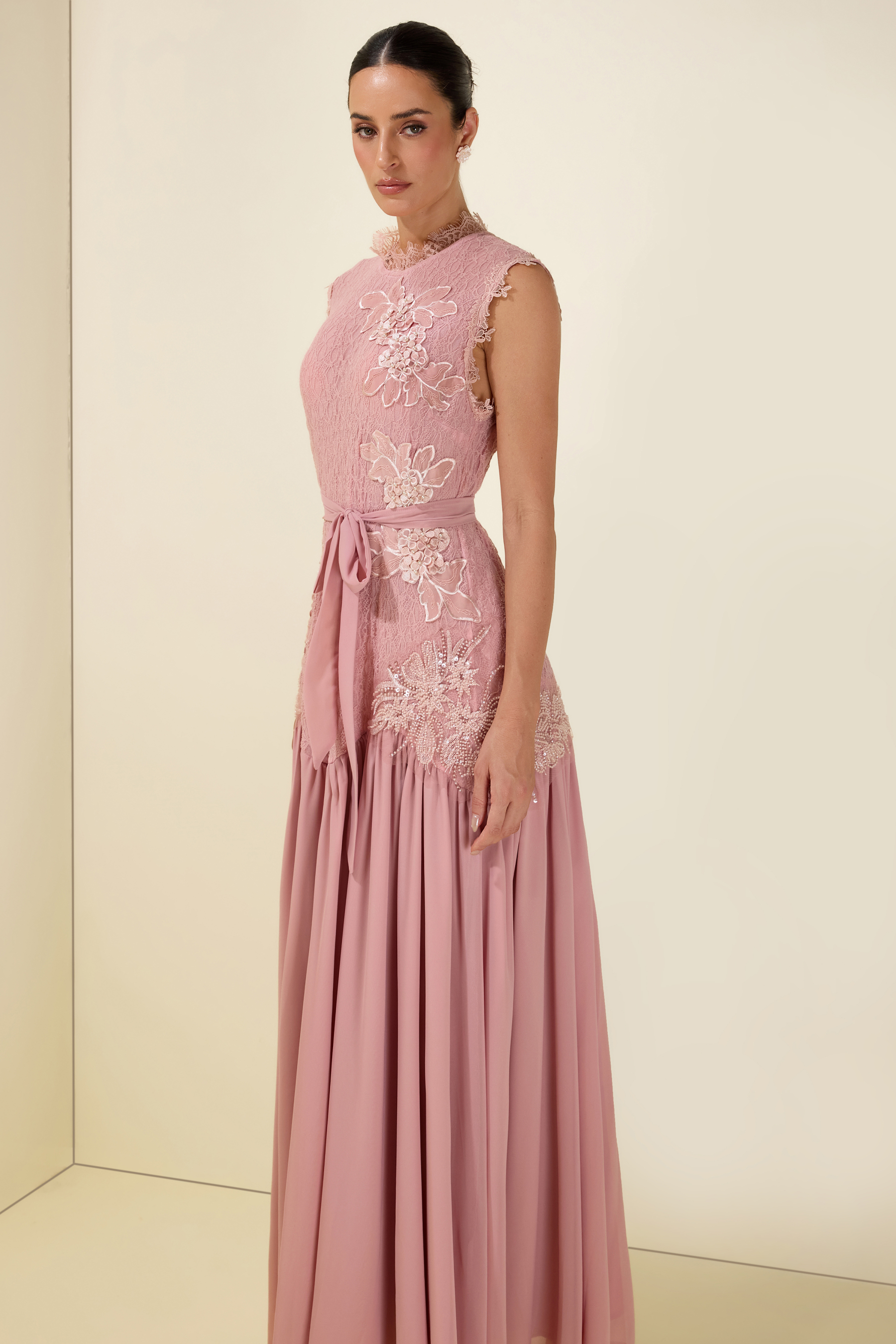 Lace Floral Sleeveless With Belt Midi Dress