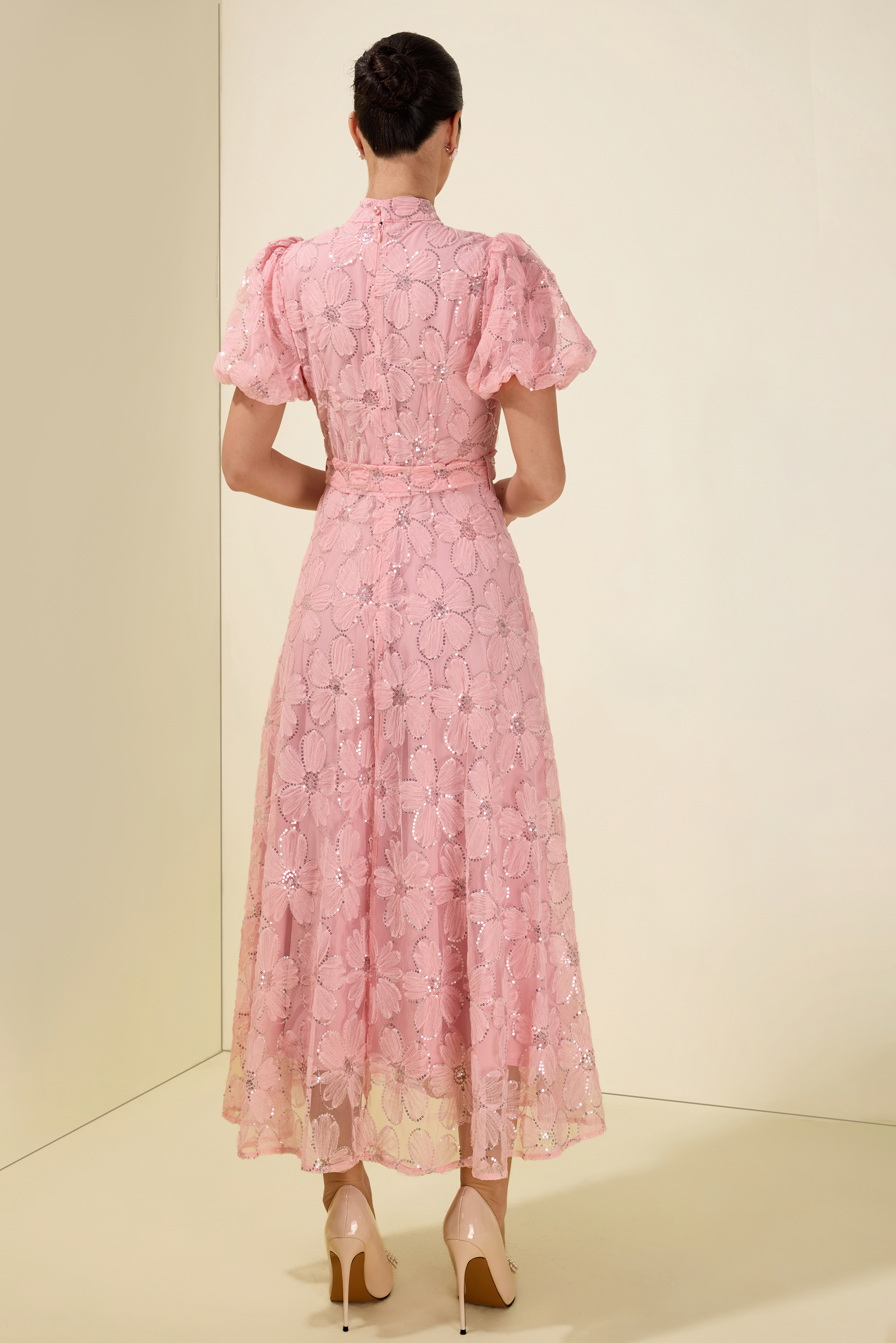 Embroidery Stand Collar Puff Sleeve With Belt Midi Dress