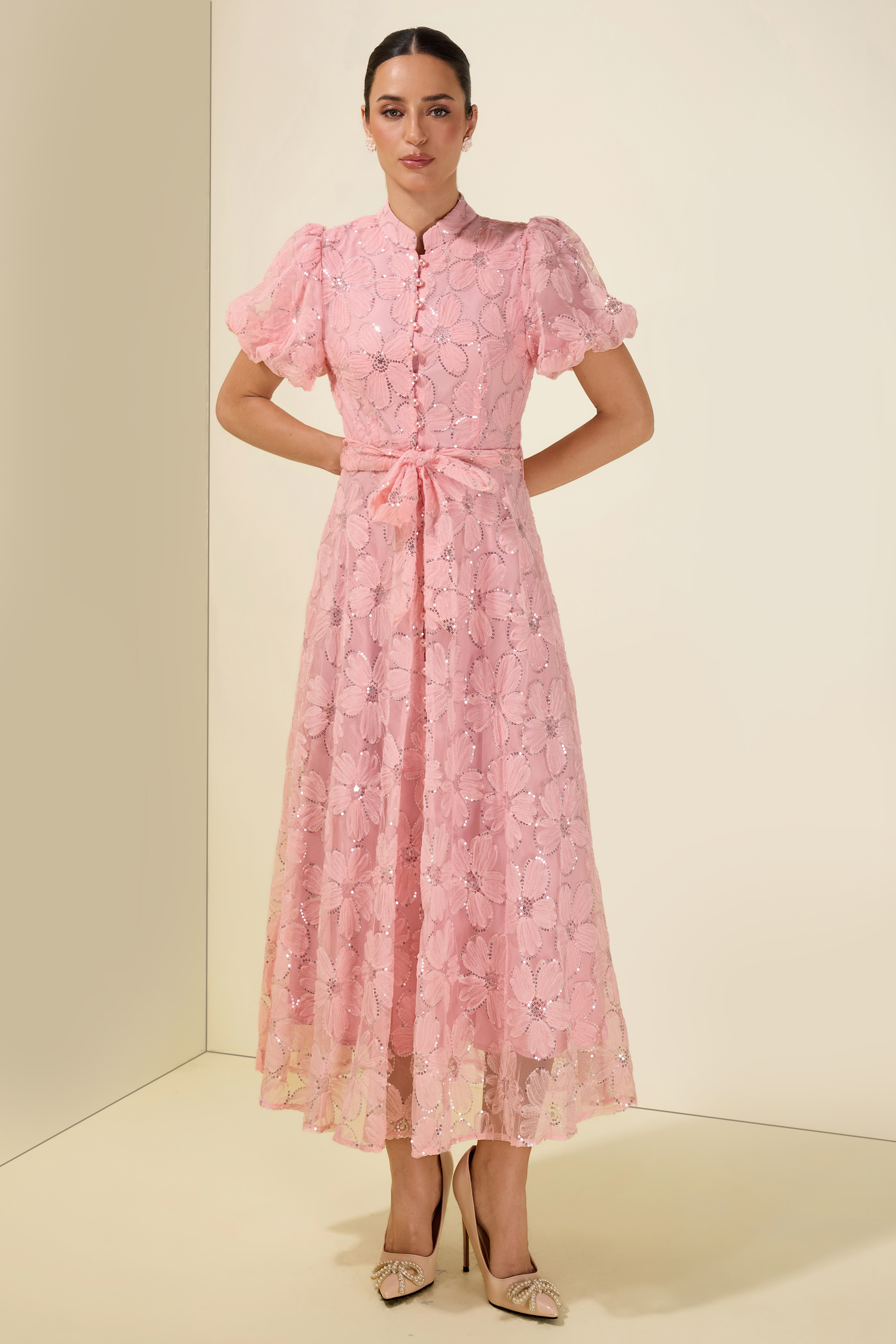 Embroidery Stand Collar Puff Sleeve With Belt Midi Dress