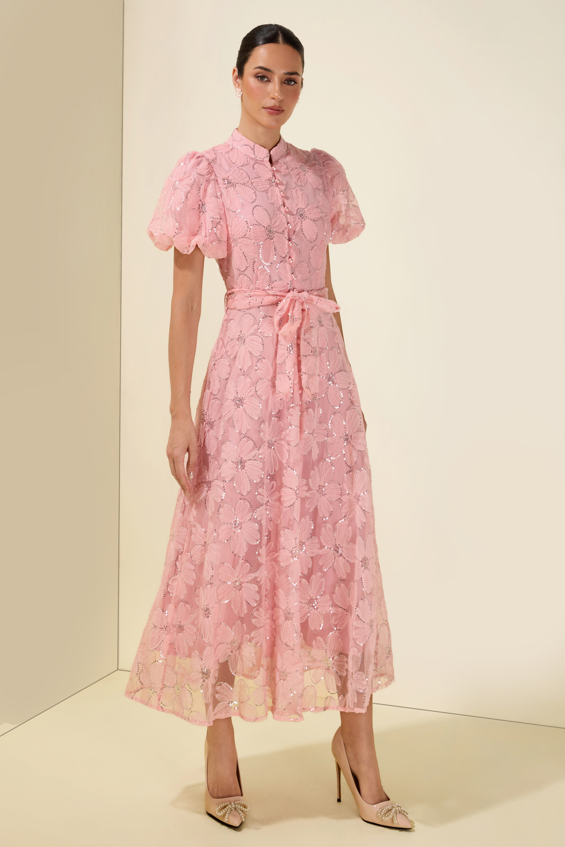 Embroidery Stand Collar Puff Sleeve With Belt Midi Dress