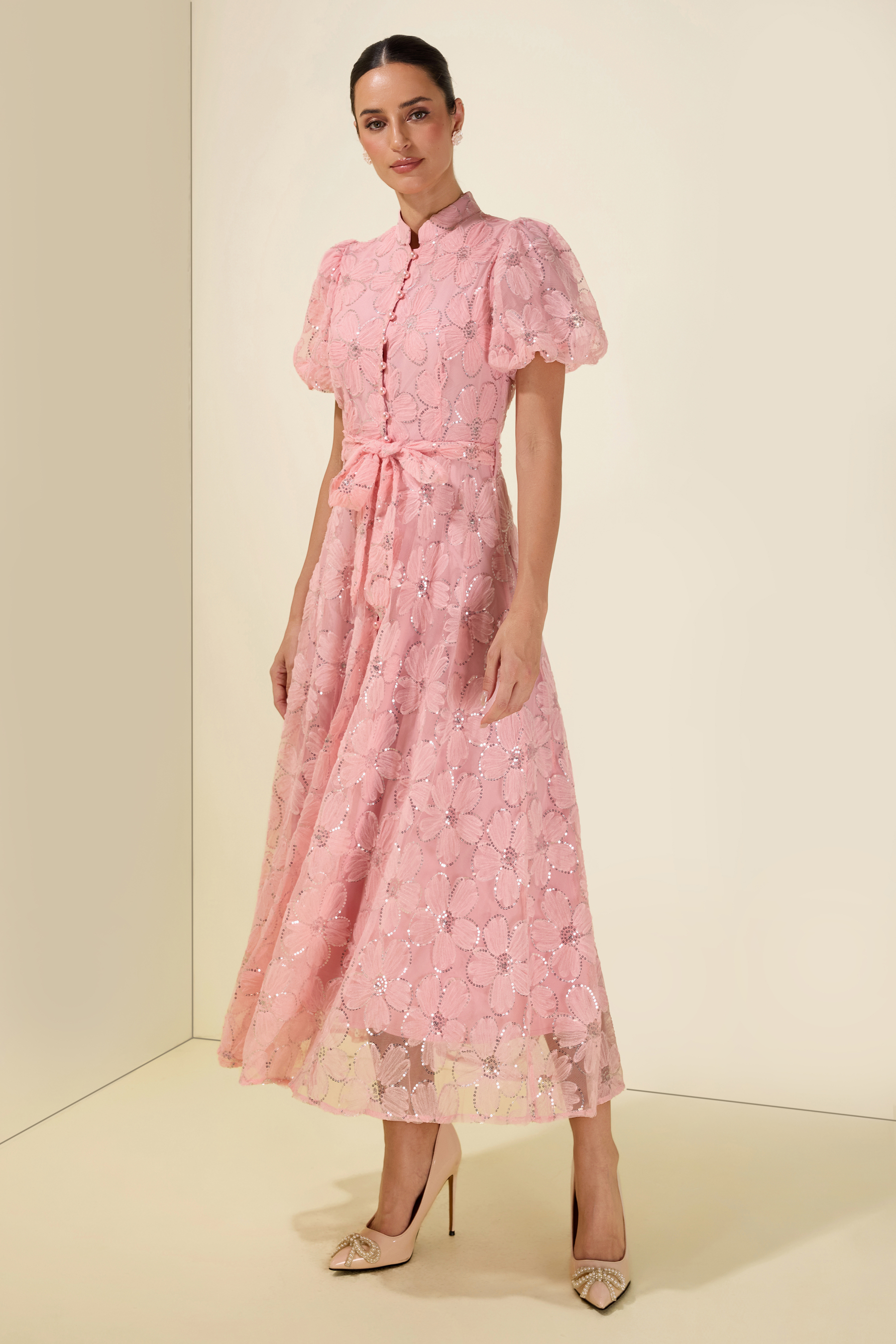 Embroidery Stand Collar Puff Sleeve With Belt Midi Dress