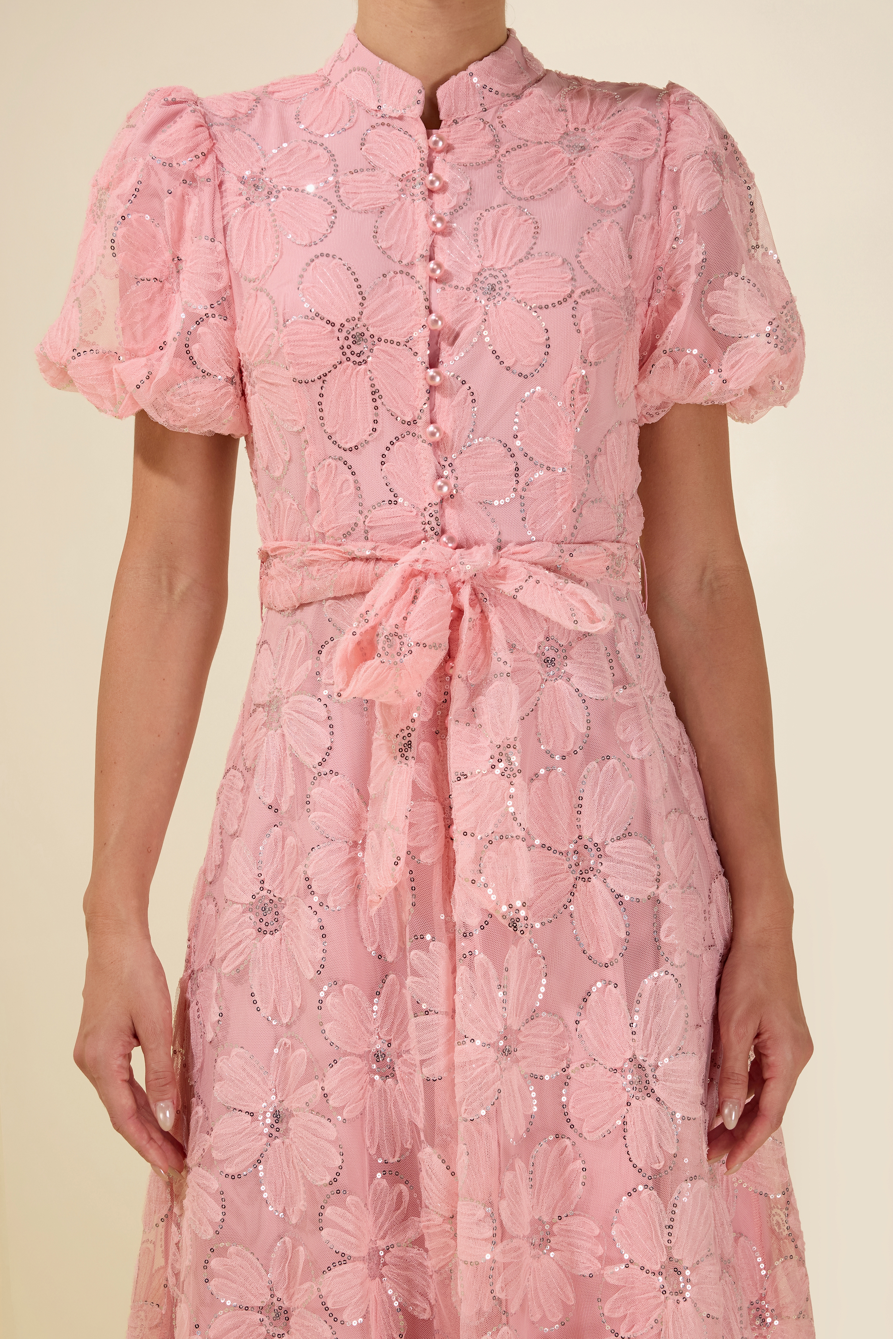 Embroidery Stand Collar Puff Sleeve With Belt Midi Dress