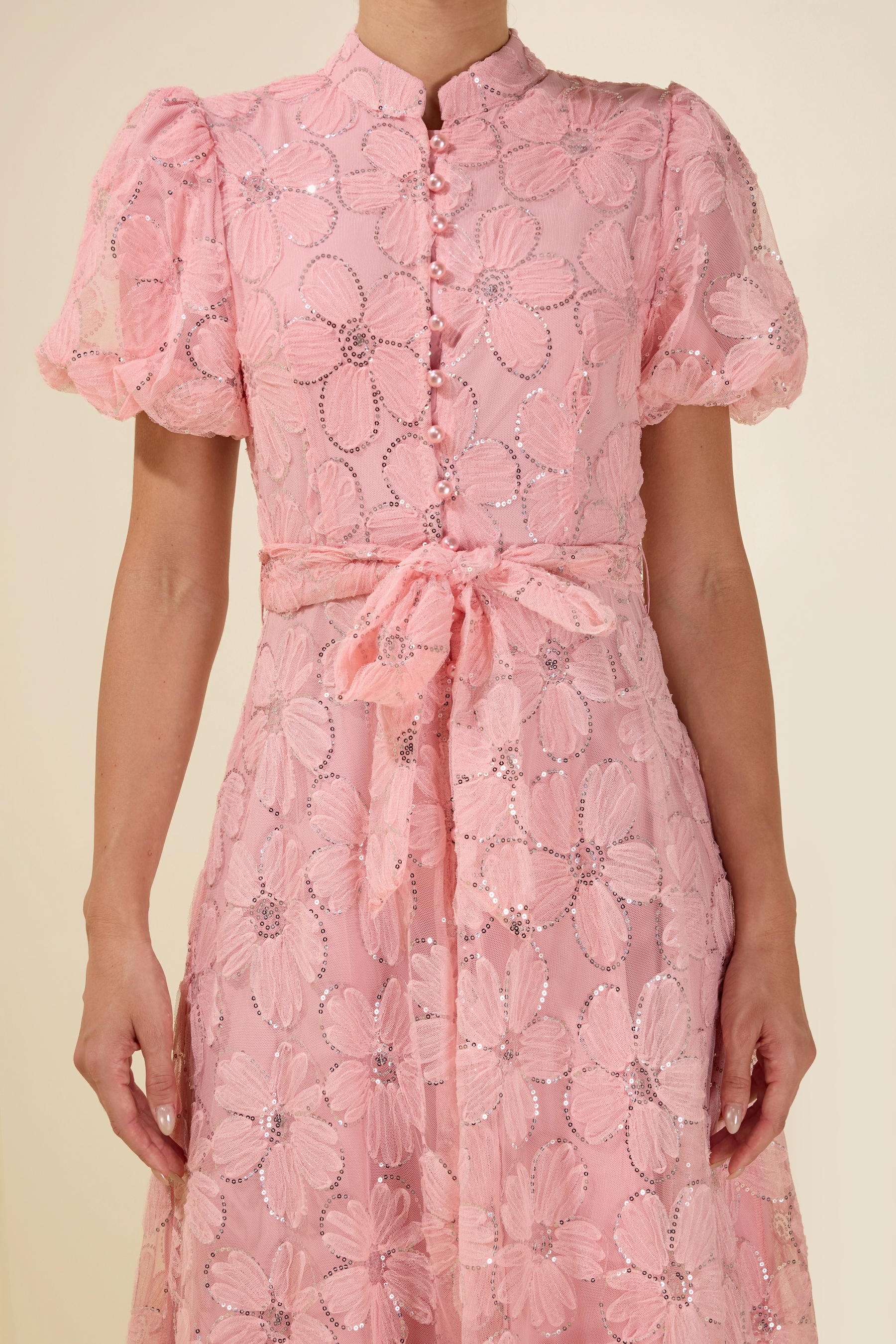 Embroidery Stand Collar Puff Sleeve With Belt Midi Dress