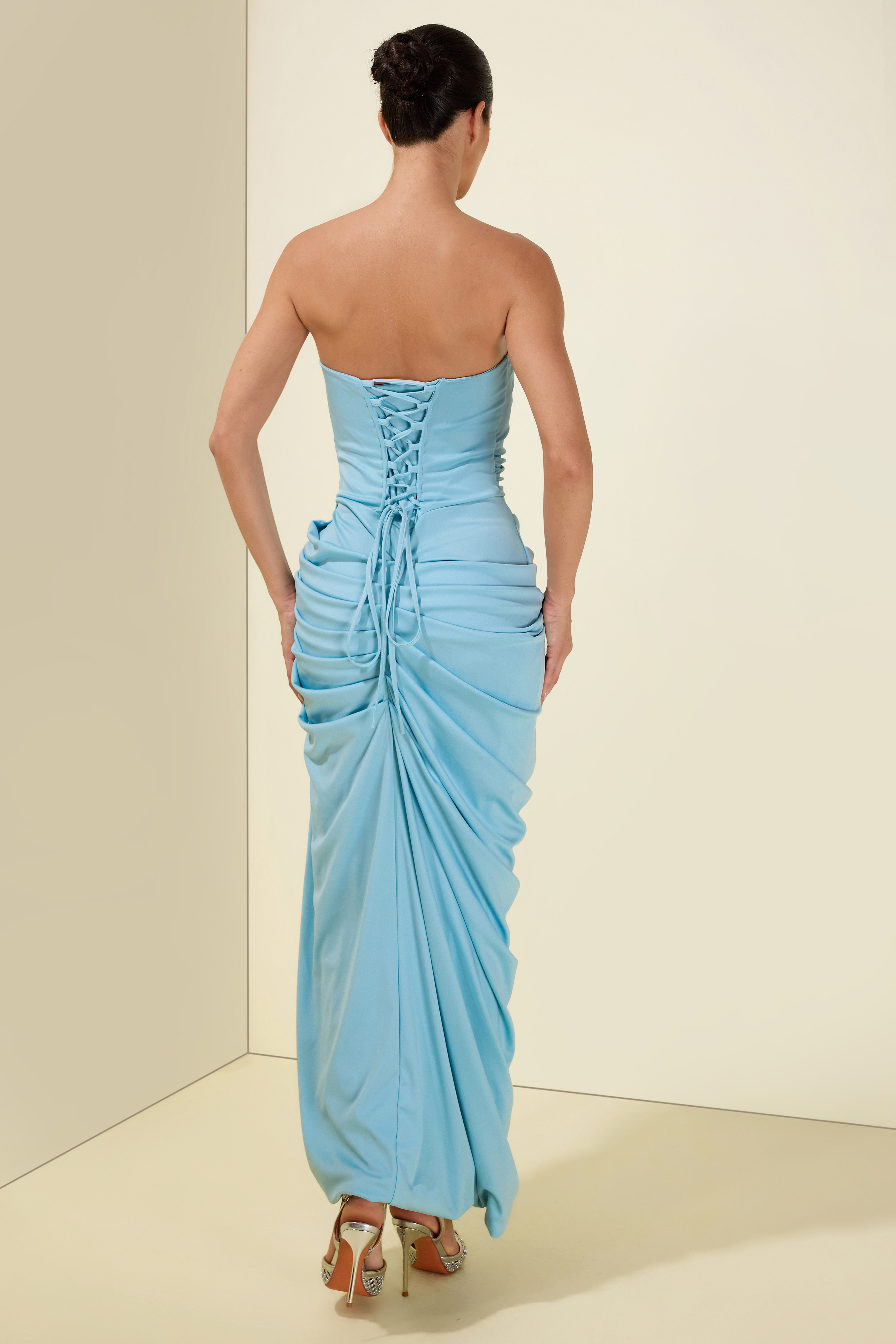 Ruched Strapless Slit Midi Dress