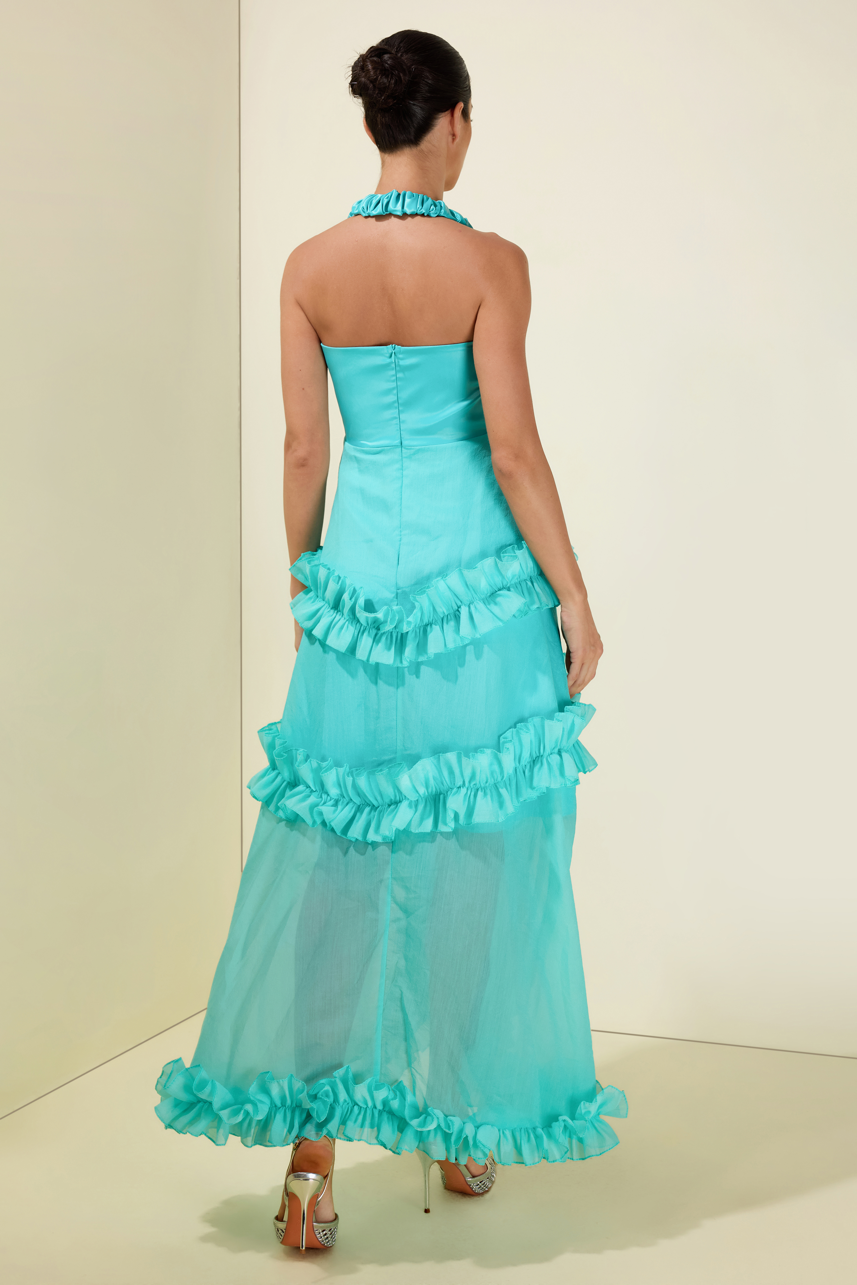Satin Frill Halter Neck Midi Dress