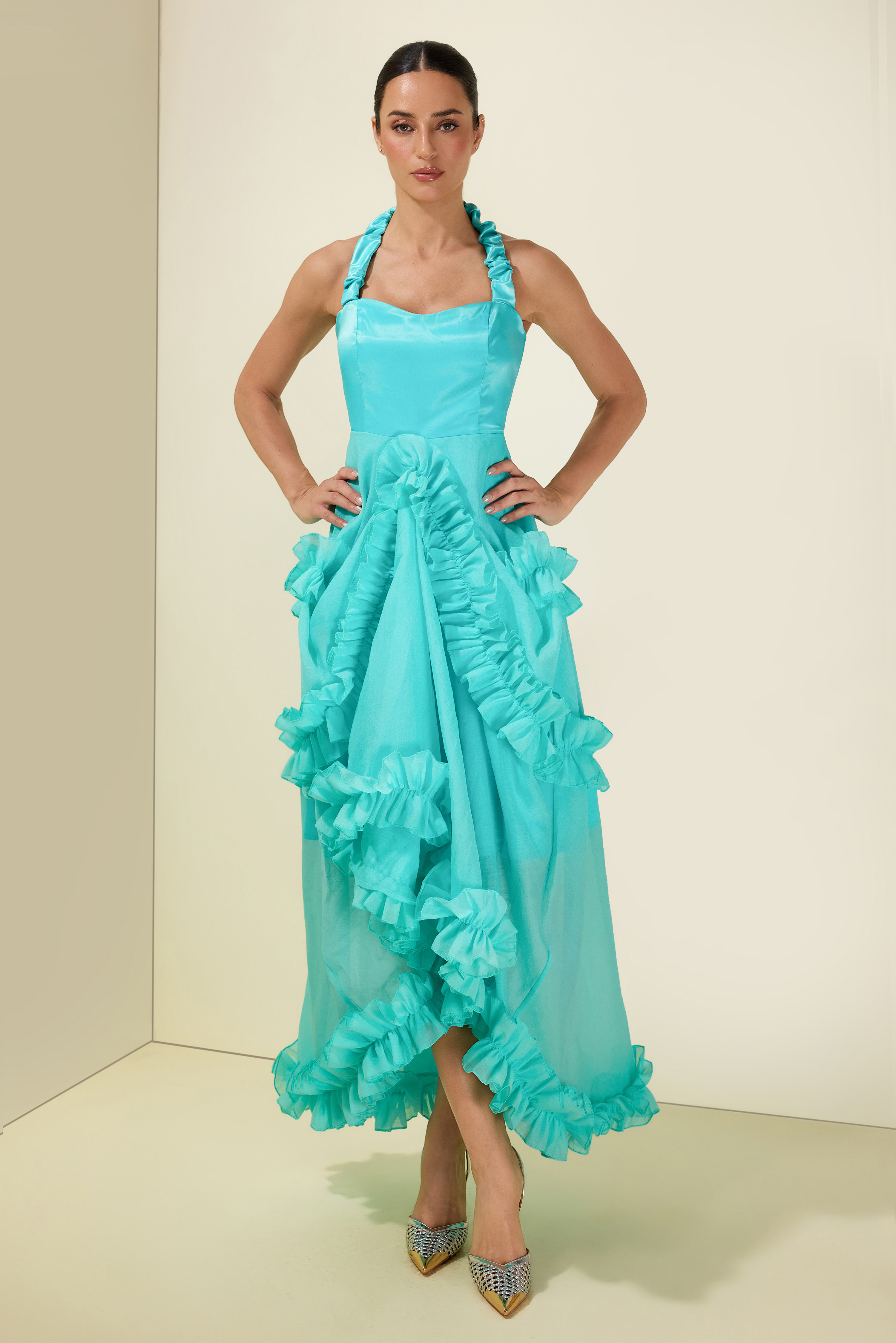 Satin Frill Halter Neck Midi Dress