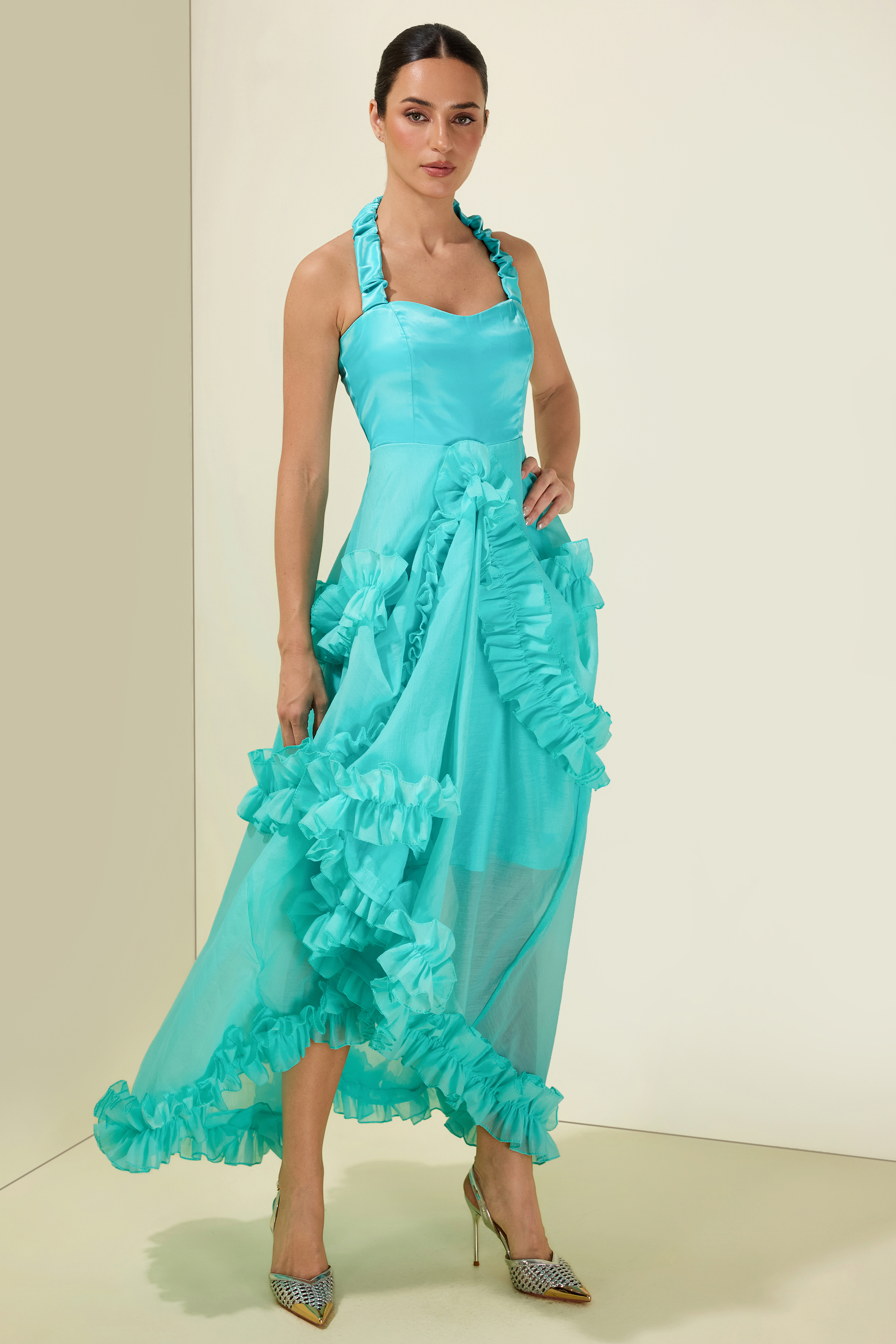 Satin Frill Halter Neck Midi Dress