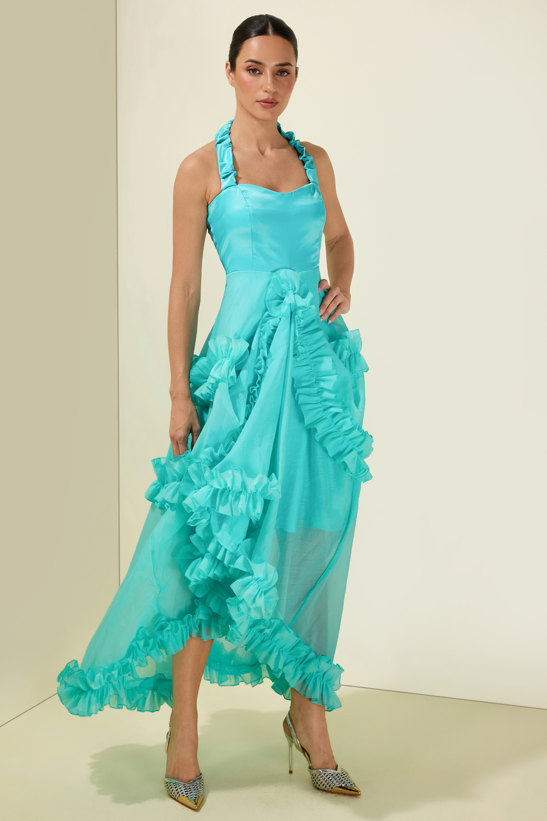 Satin Frill Halter Neck Midi Dress