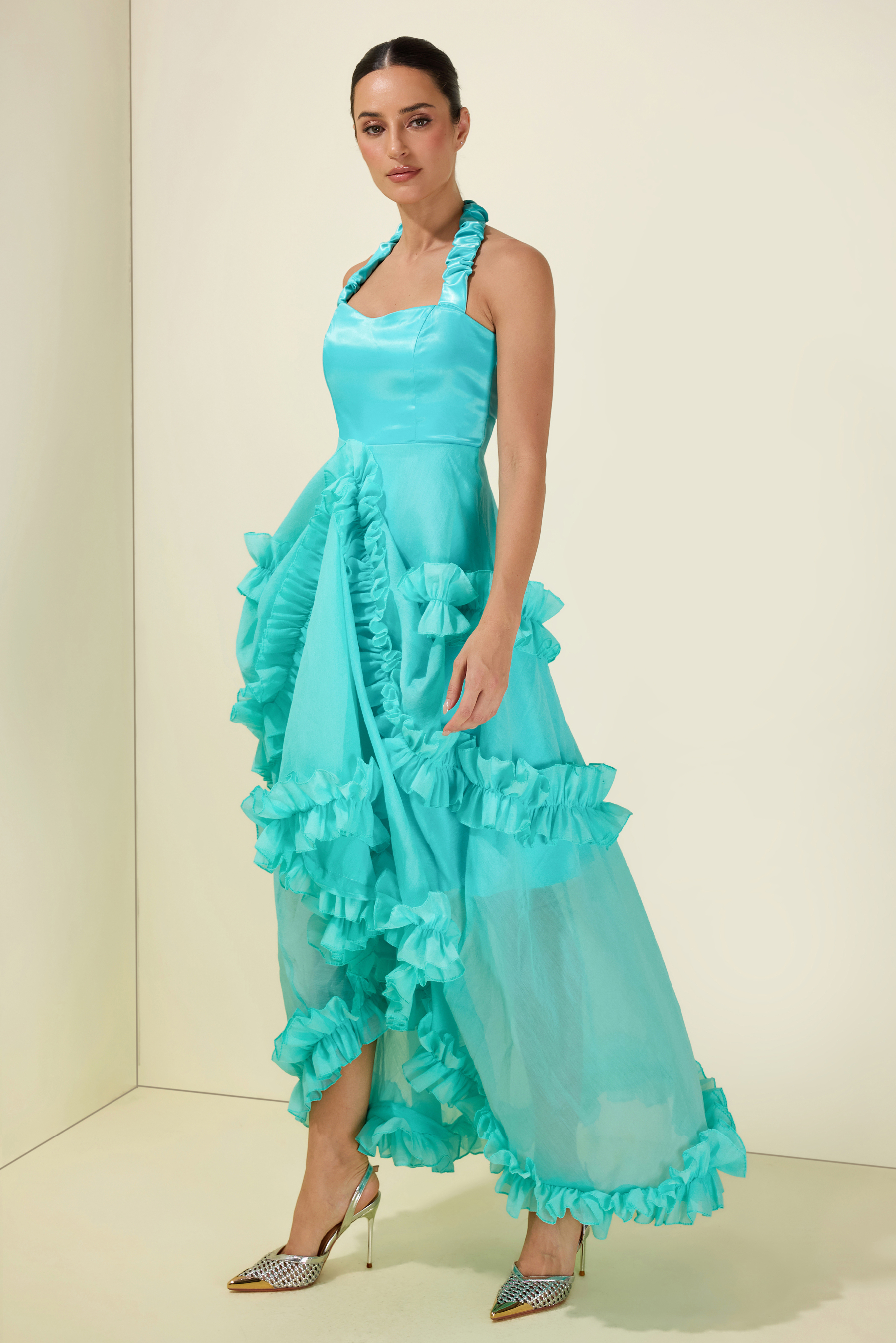 Satin Frill Halter Neck Midi Dress