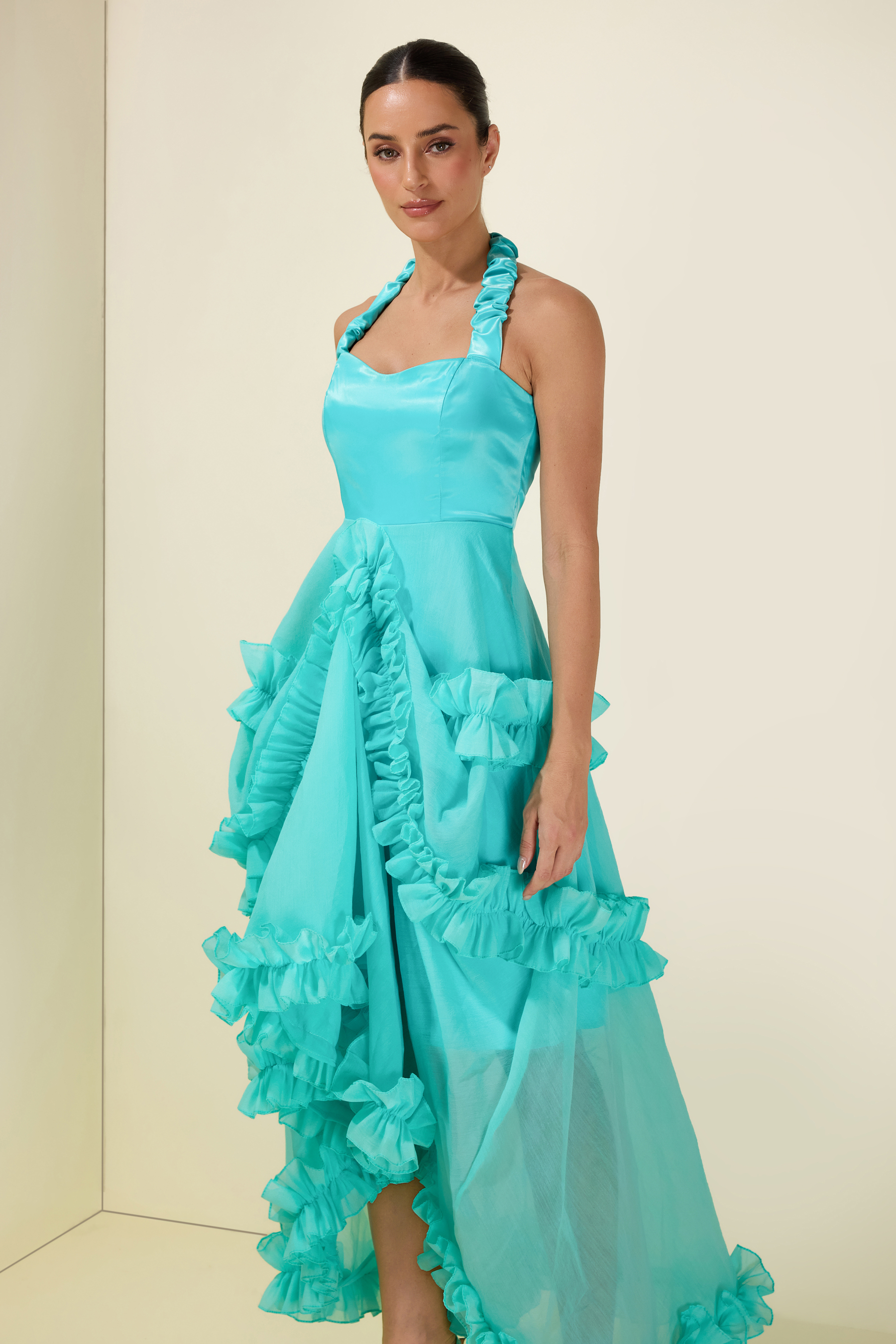 Satin Frill Halter Neck Midi Dress
