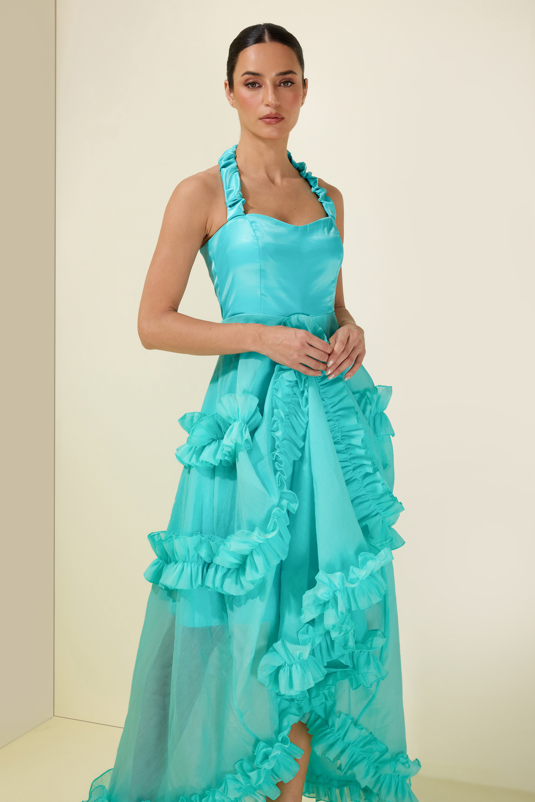 Satin Frill Halter Neck Midi Dress