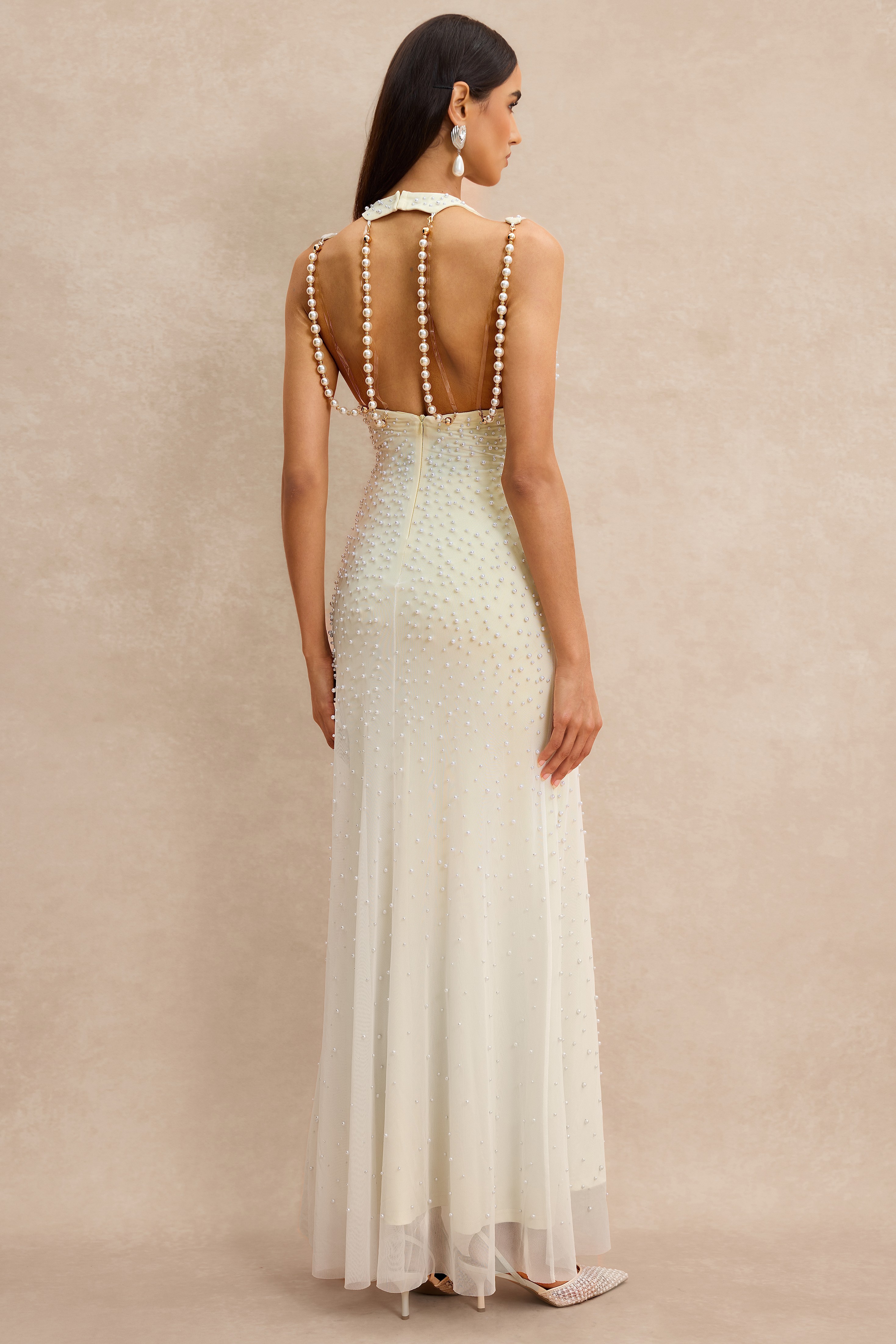 Halter Neck Pearl Backless Maxi Dress