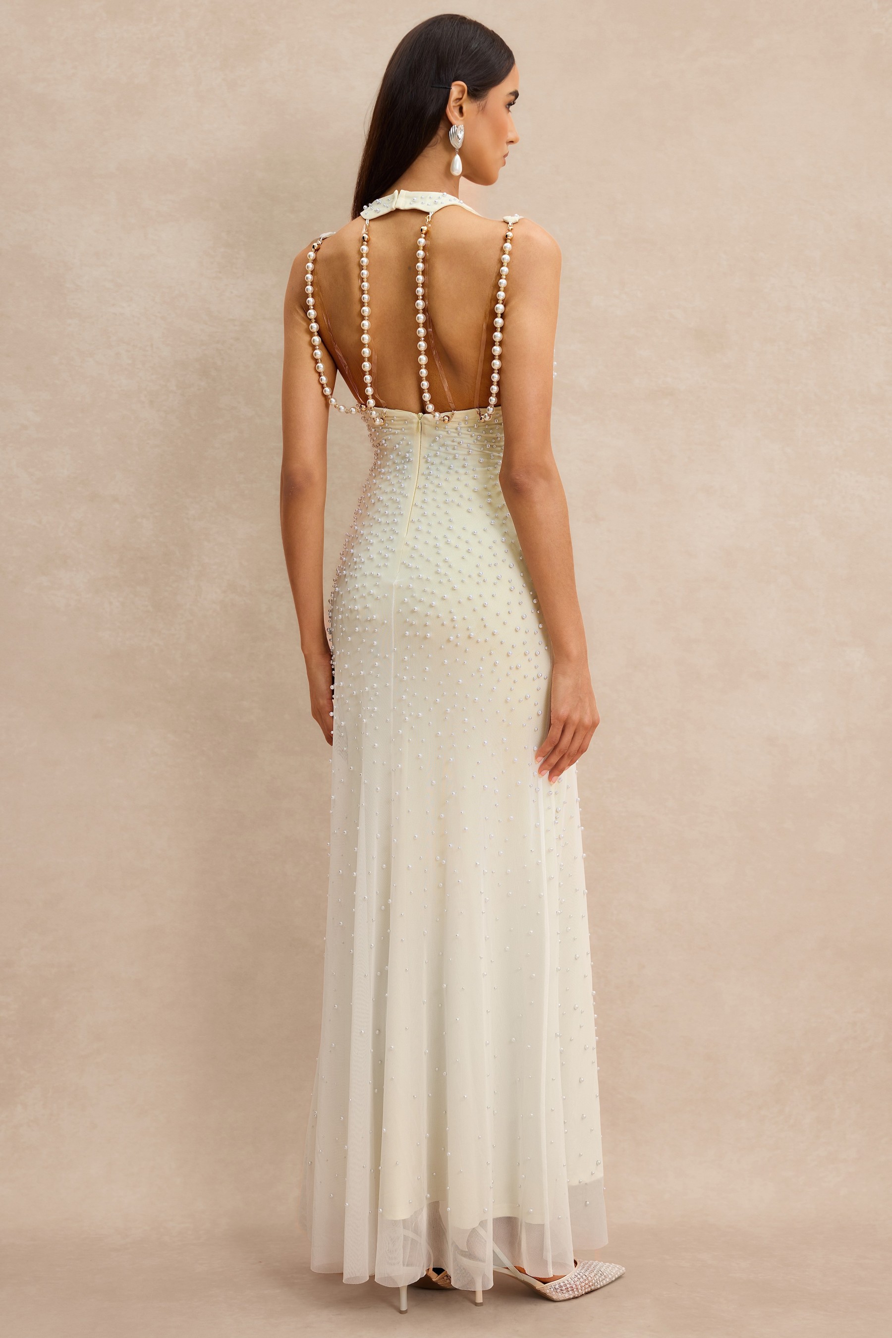 Halter Neck Pearl Backless Maxi Dress