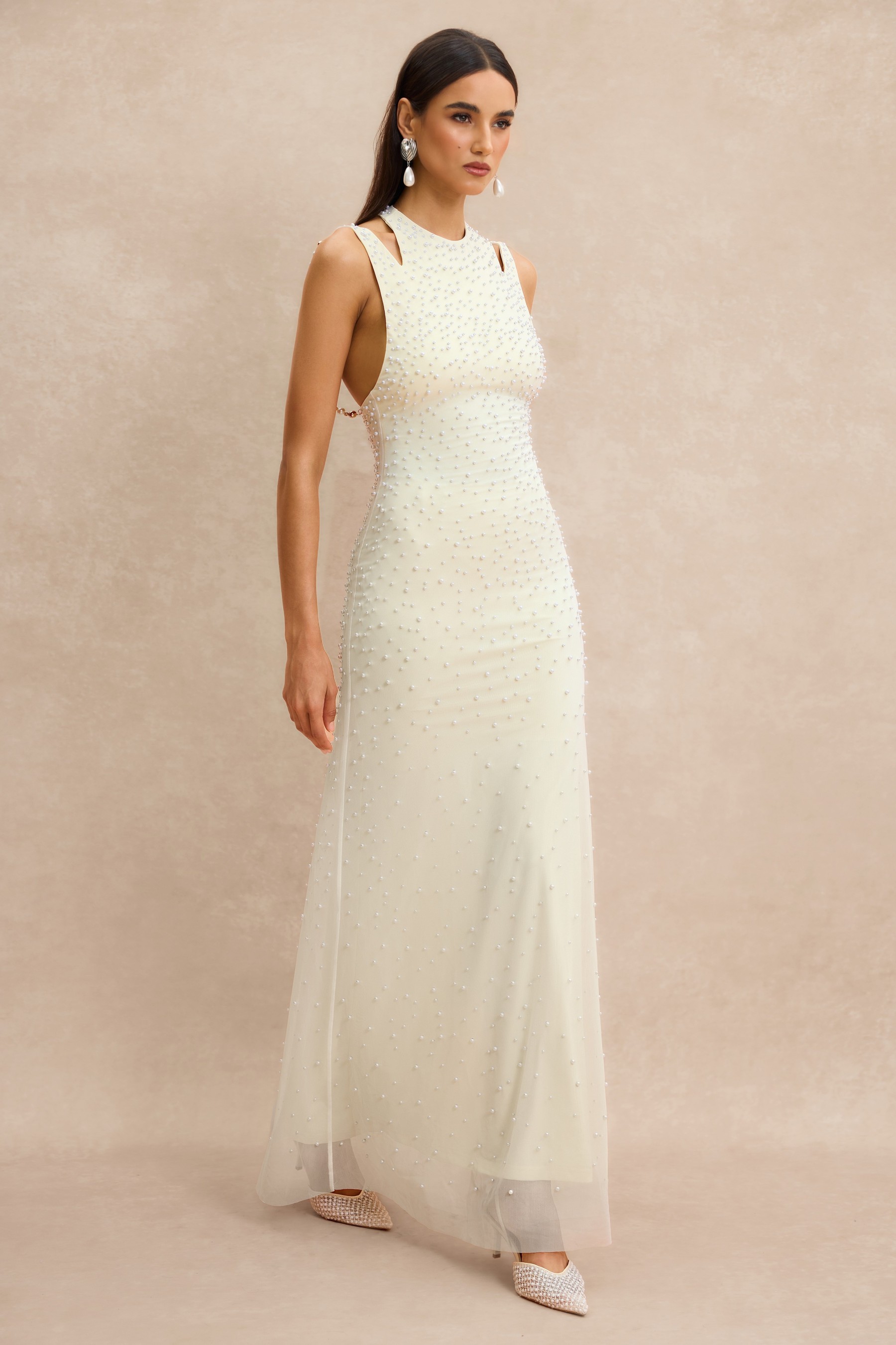 Halter Neck Pearl Backless Maxi Dress