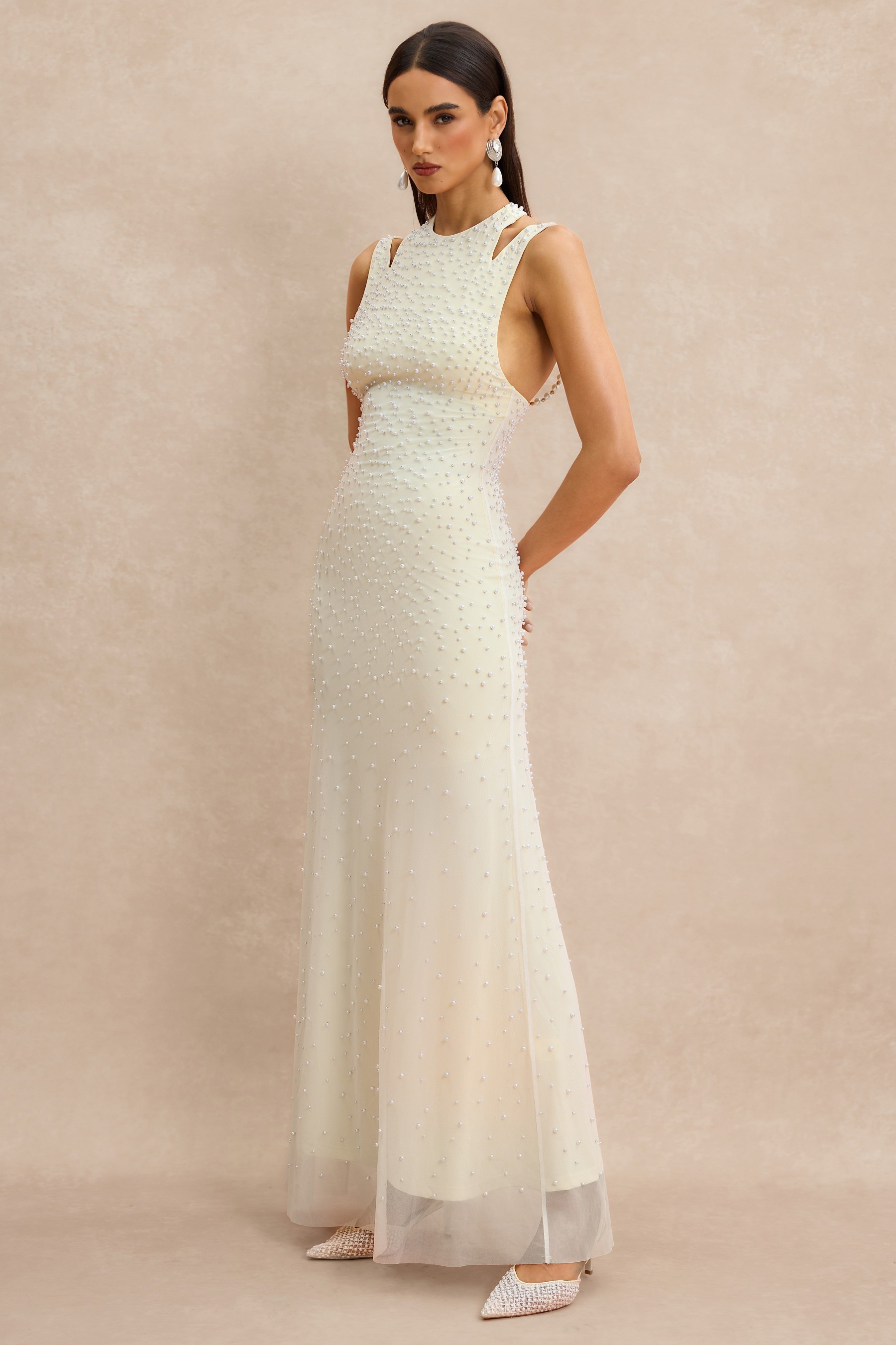 Halter Neck Pearl Backless Maxi Dress
