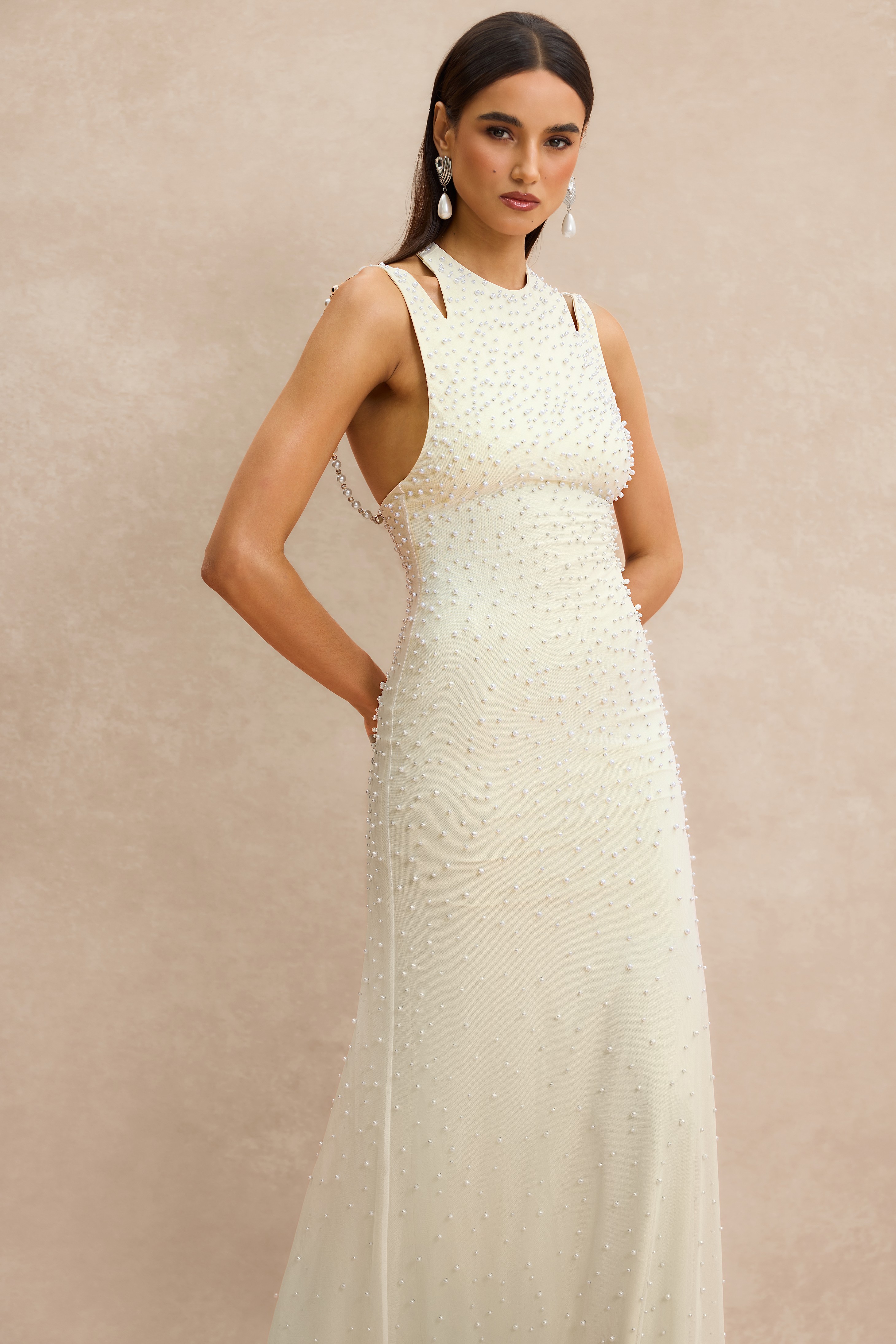 Halter Neck Pearl Backless Maxi Dress