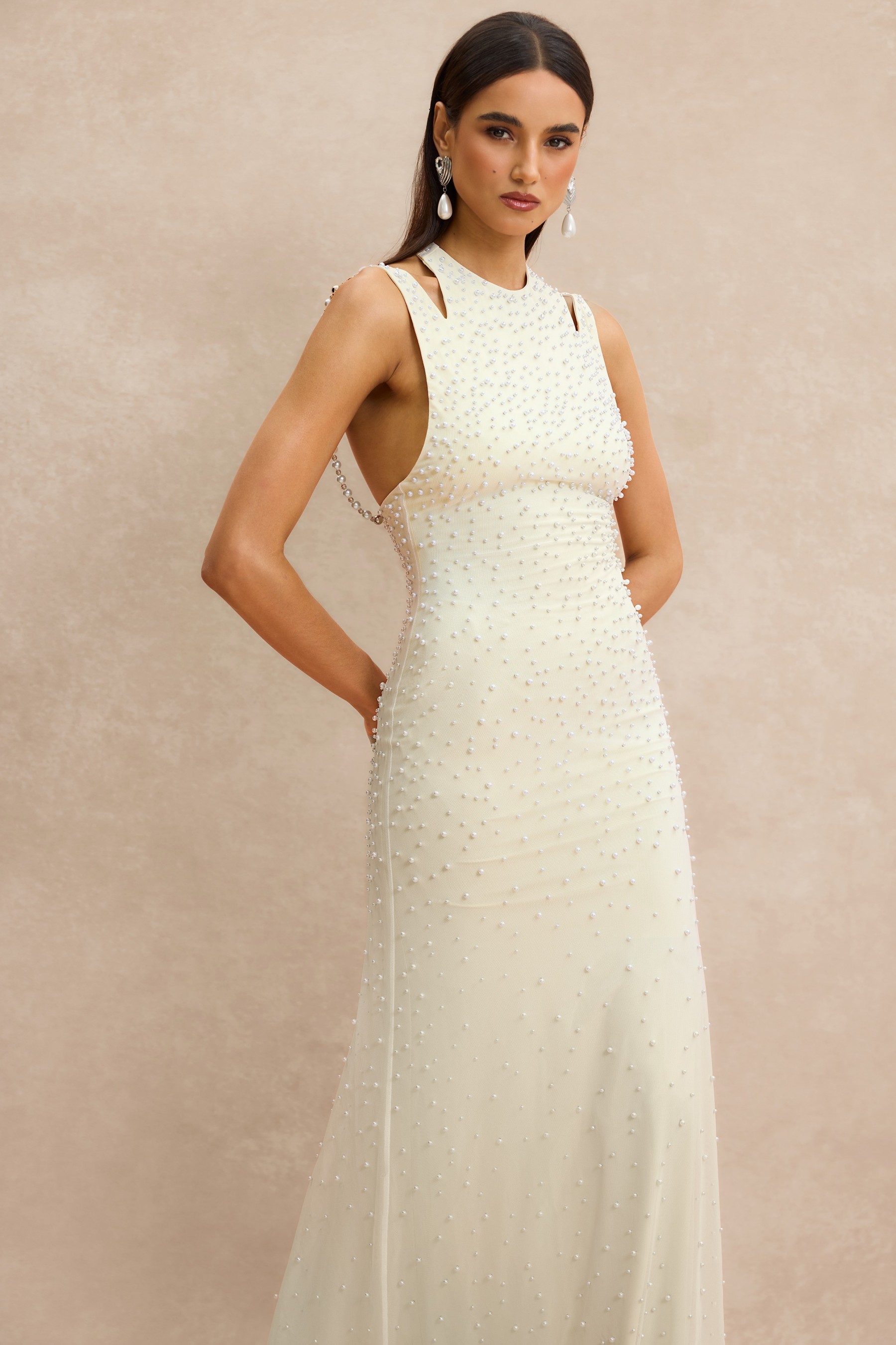 Halter Neck Pearl Backless Maxi Dress