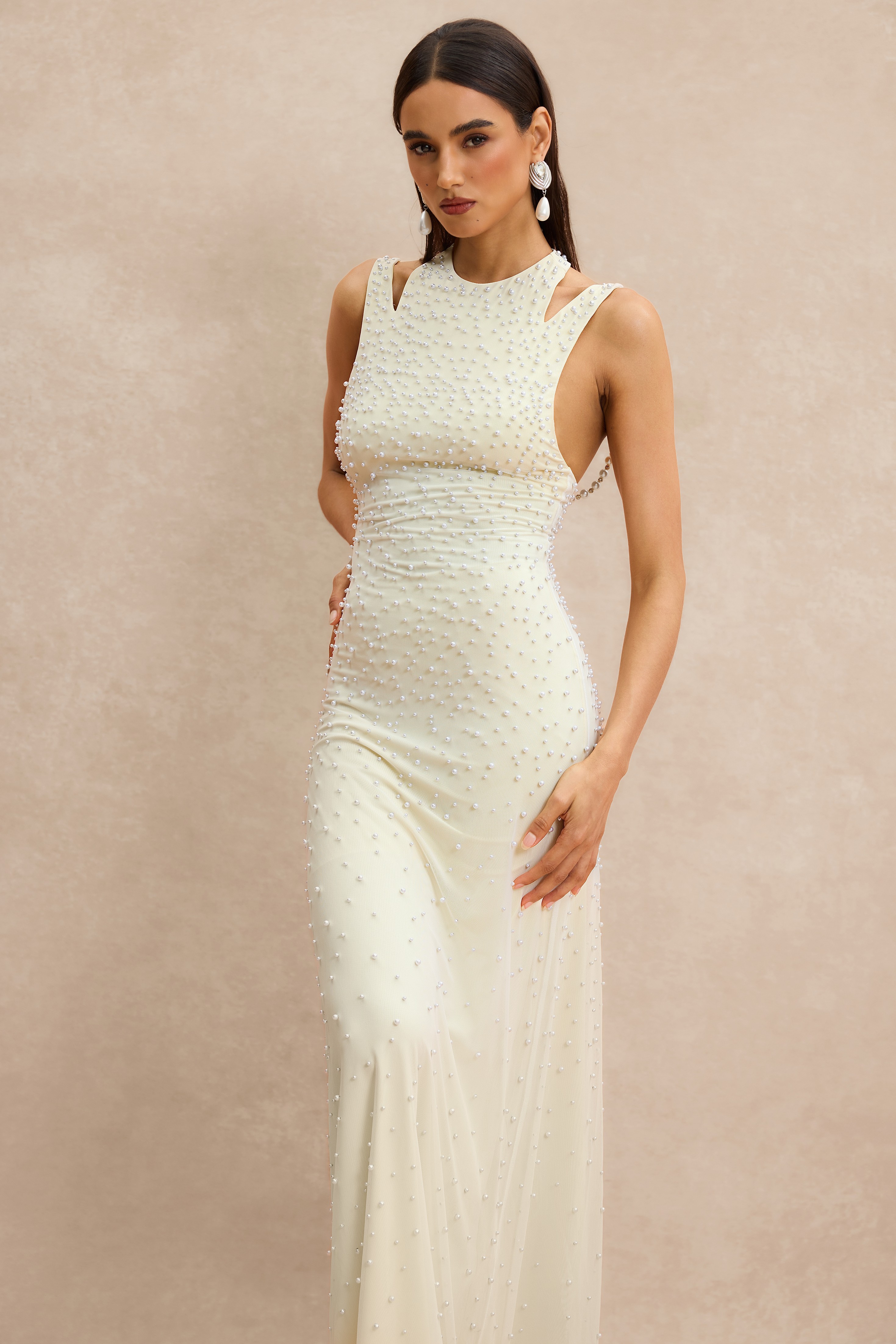 Halter Neck Pearl Backless Maxi Dress