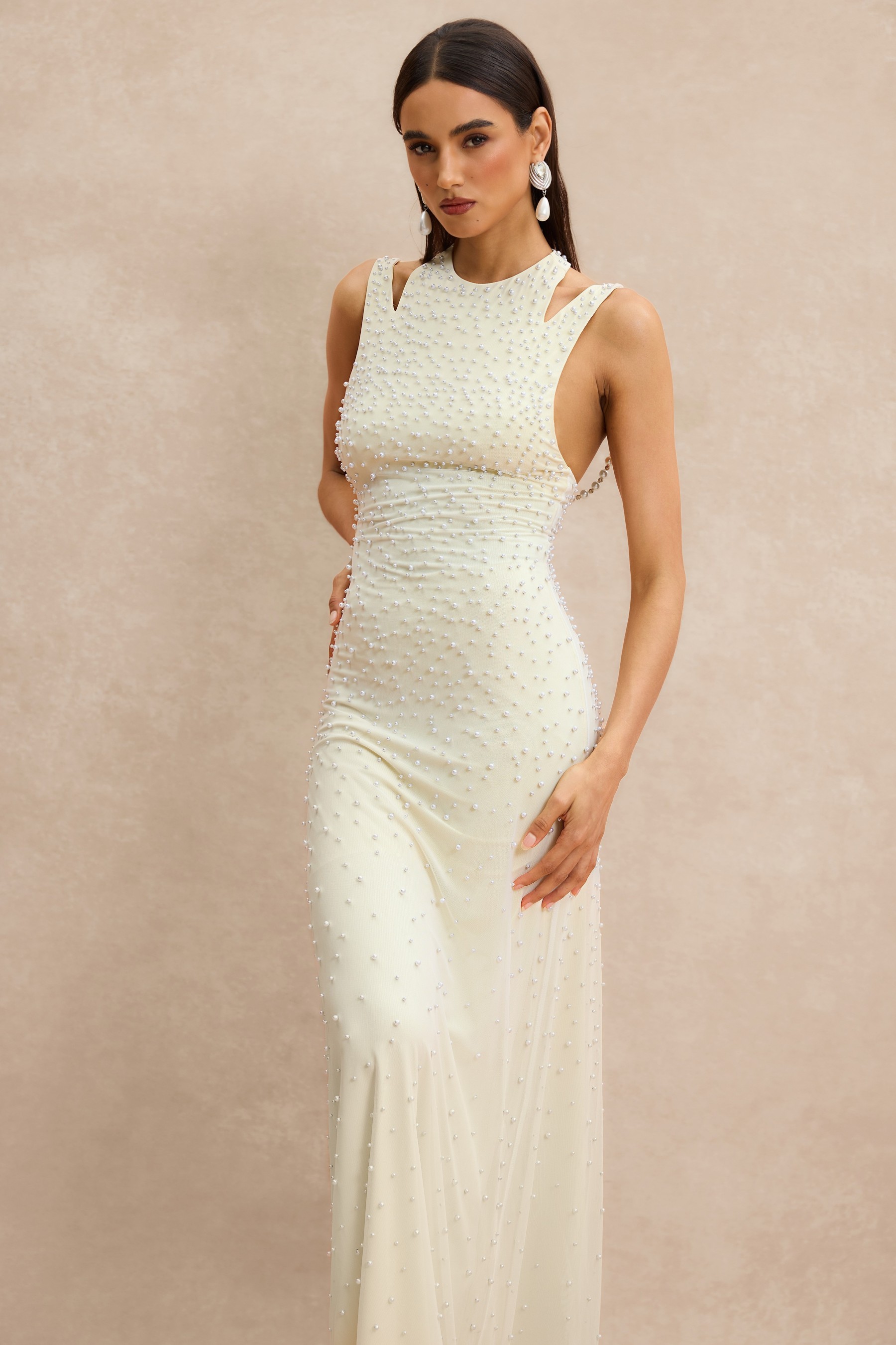 Halter Neck Pearl Backless Maxi Dress