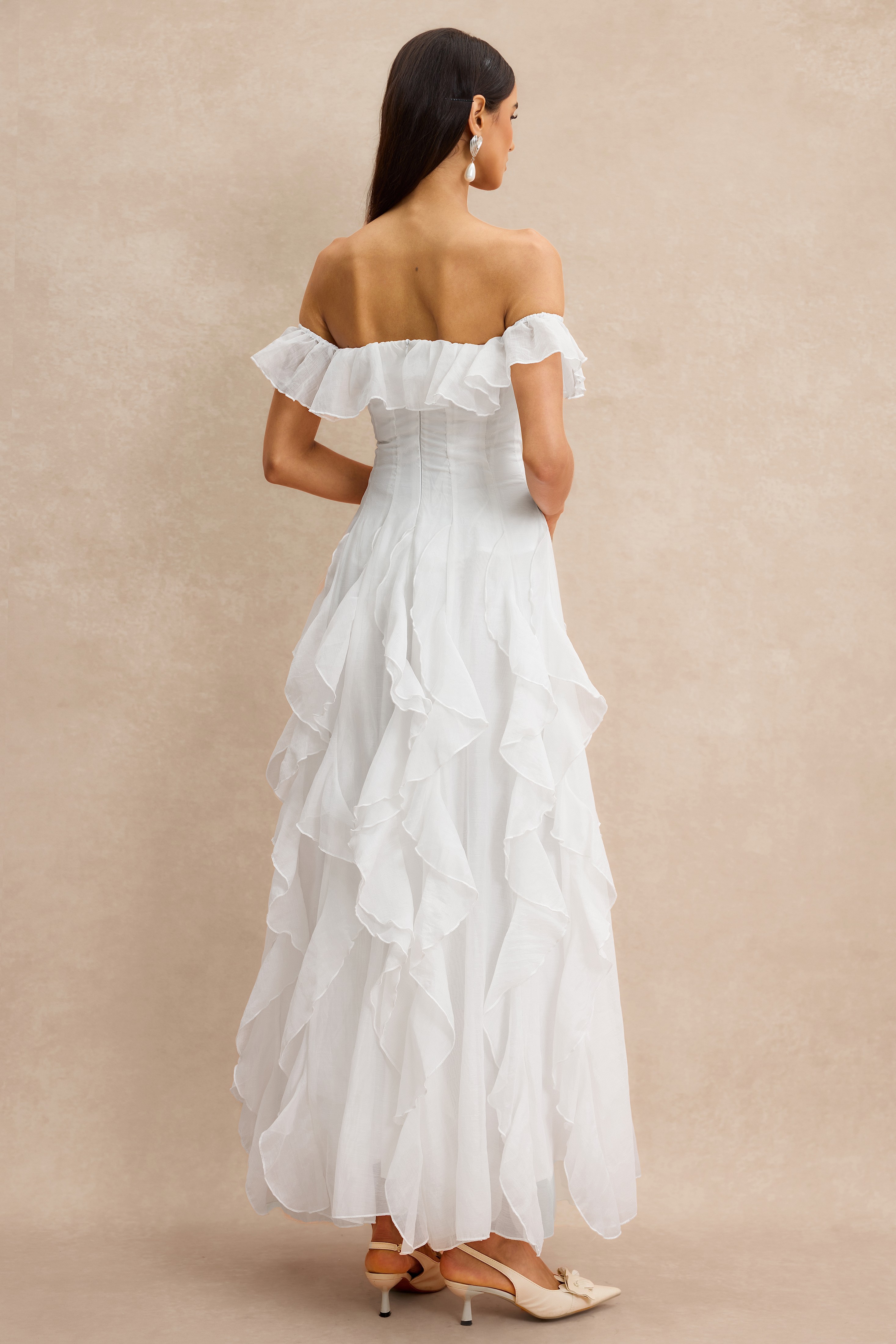 Solid Frill Off-Shoulder Maxi Dress