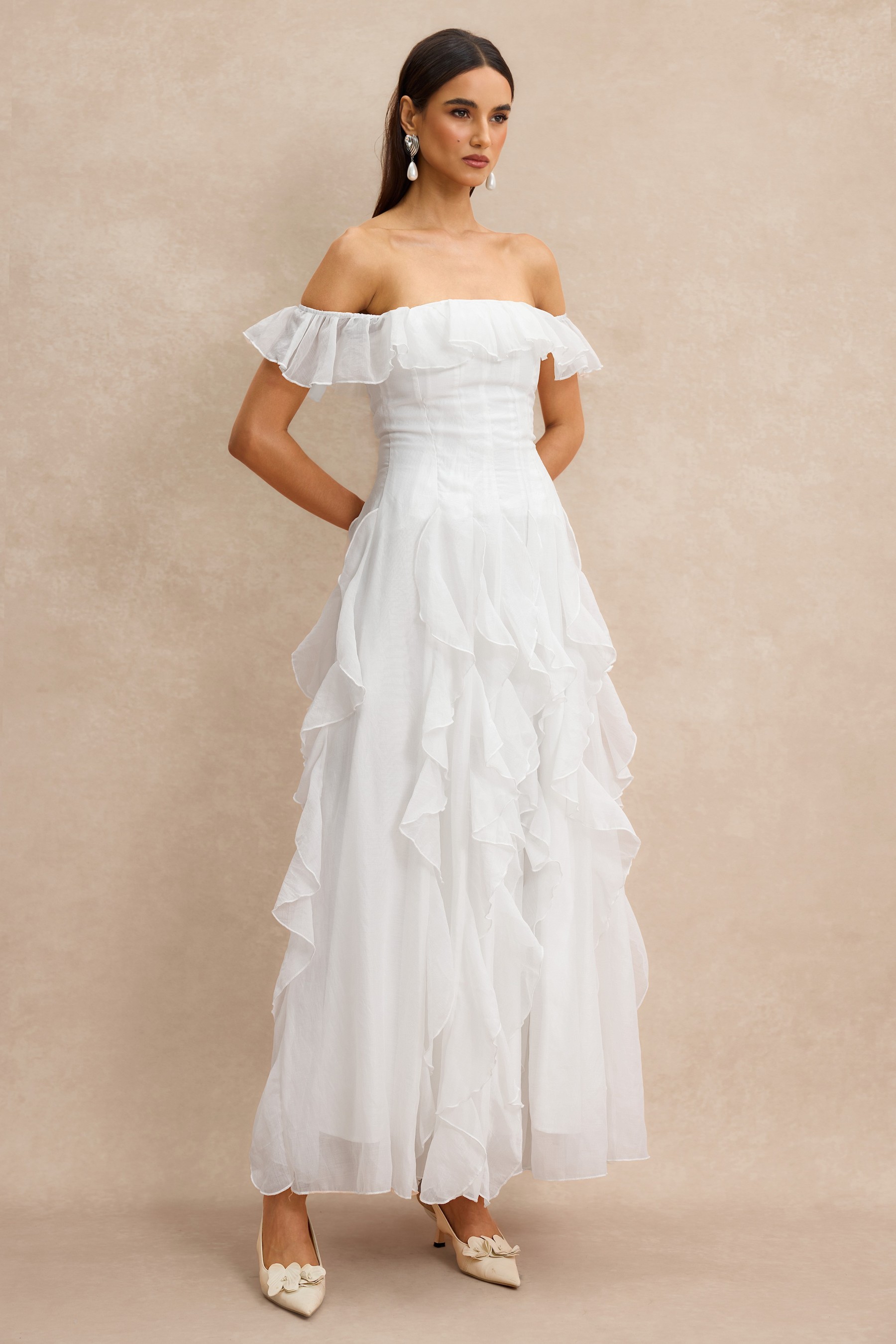 Solid Frill Off-Shoulder Maxi Dress