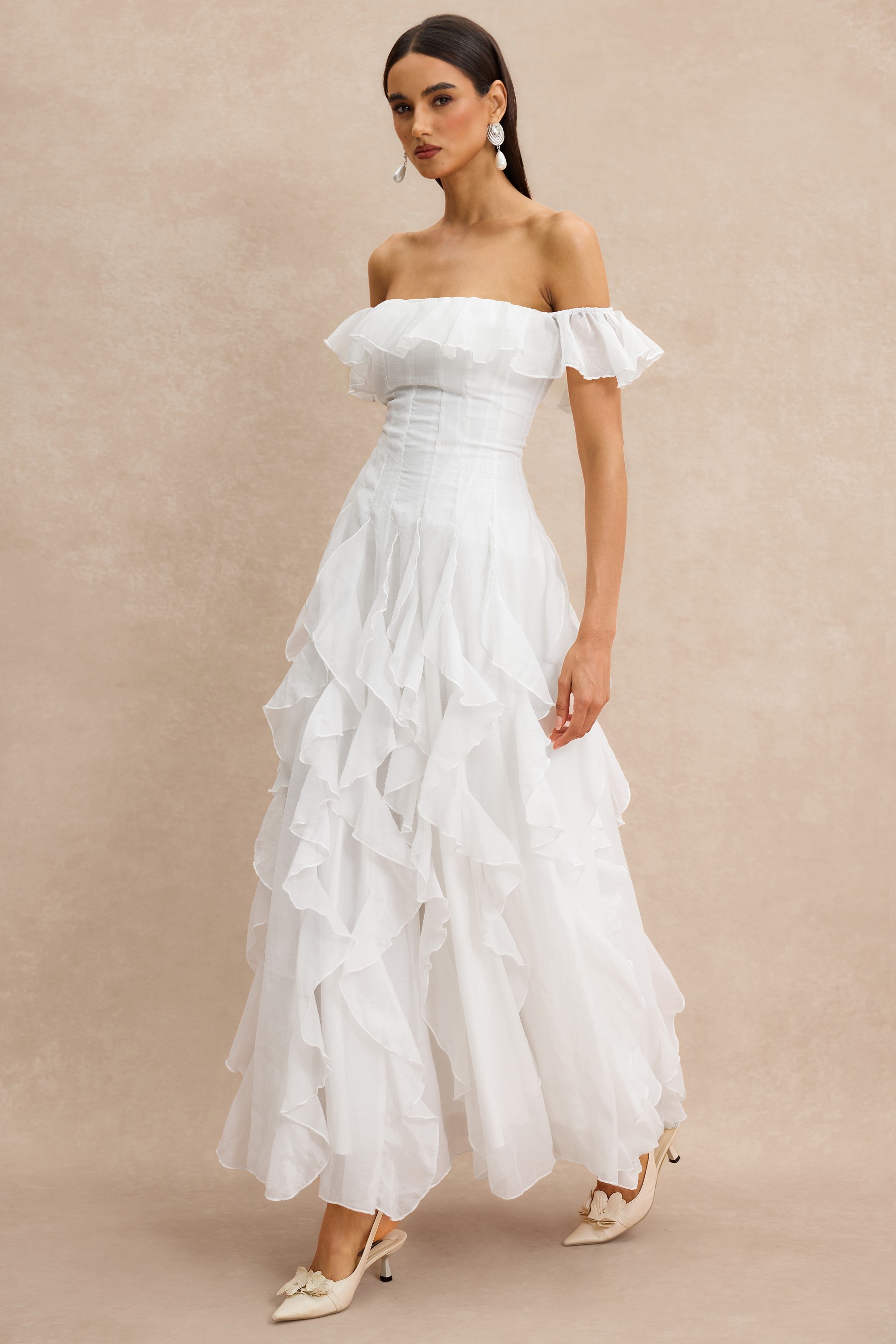 Solid Frill Off-Shoulder Maxi Dress