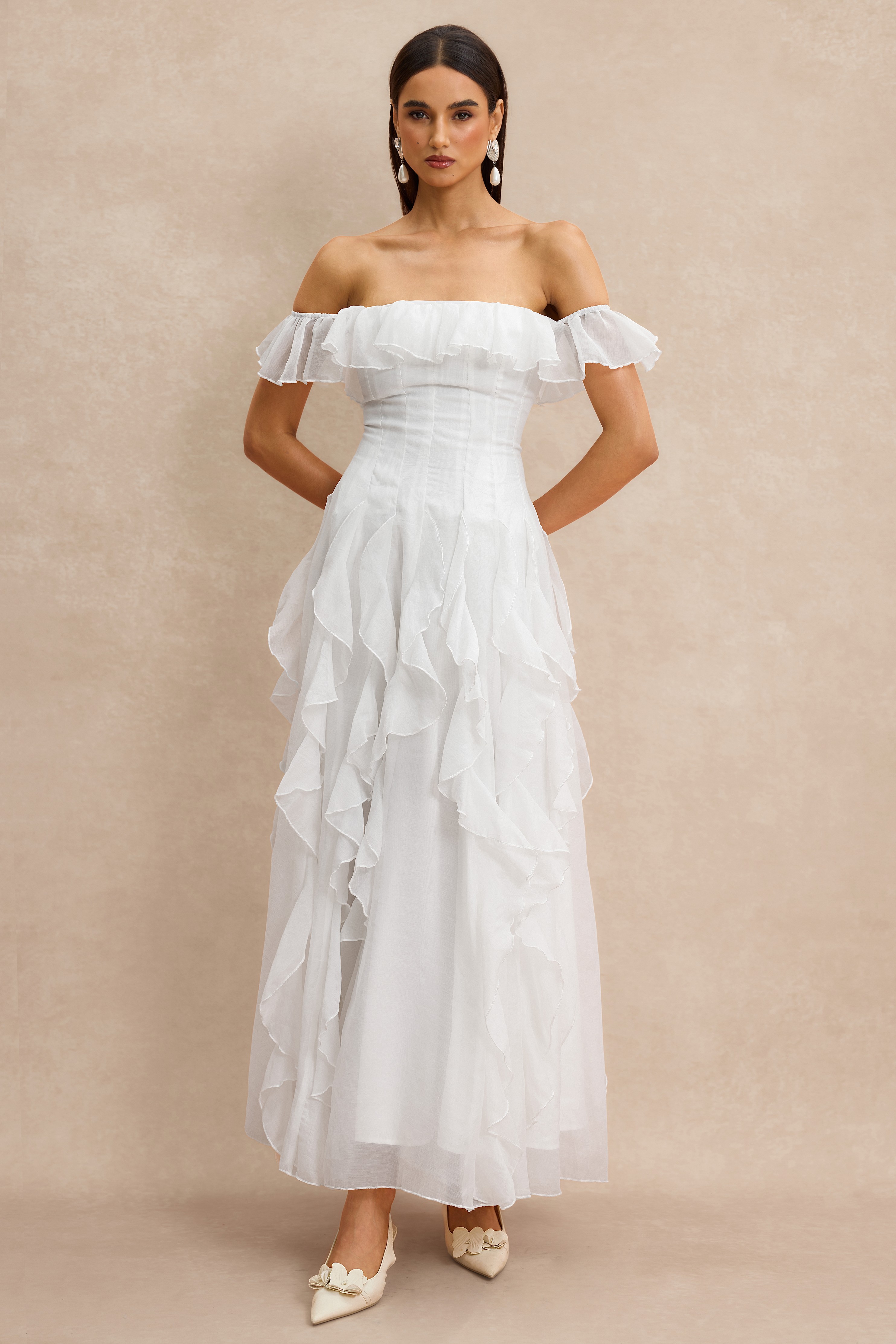 Solid Frill Off-Shoulder Maxi Dress