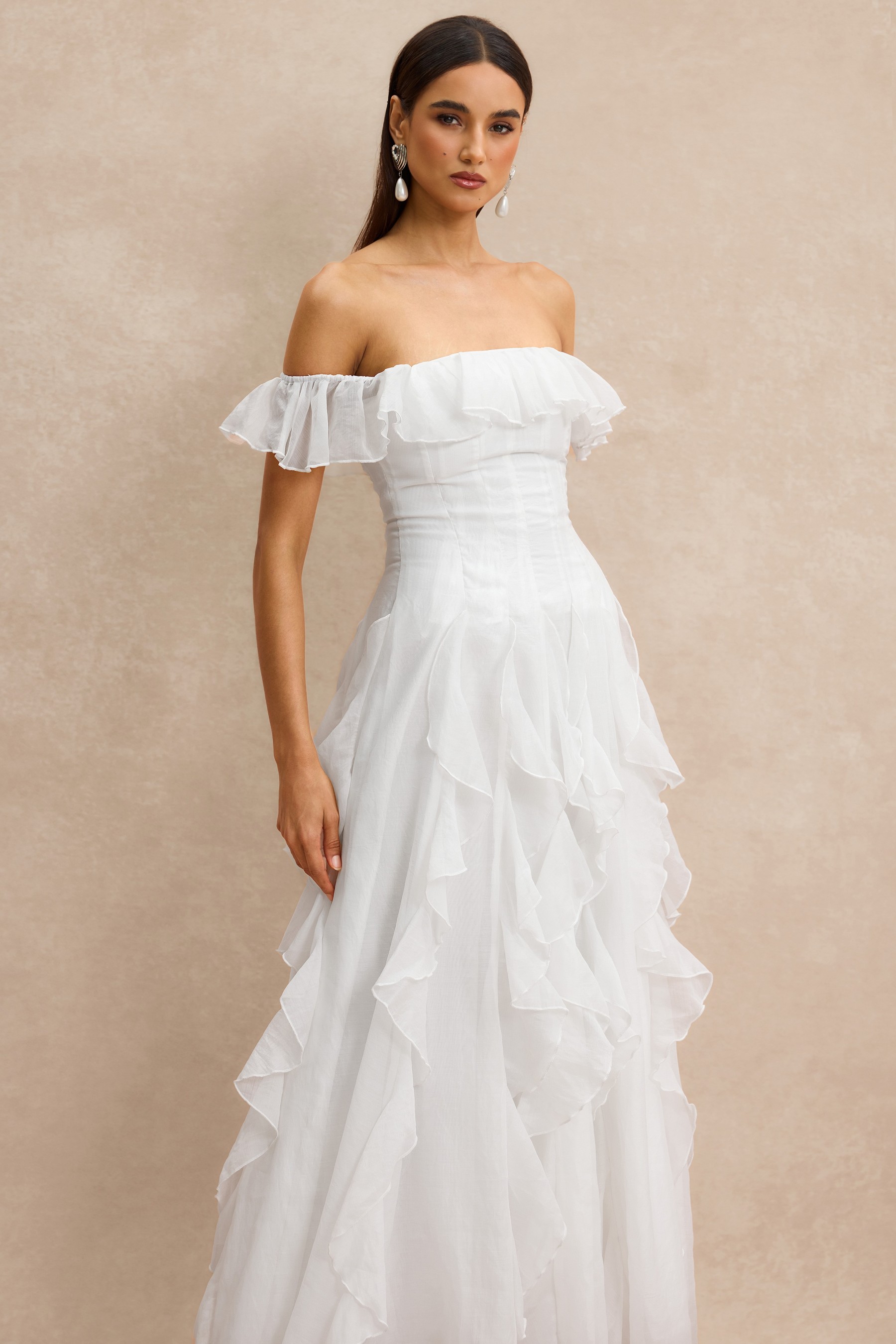 Solid Frill Off-Shoulder Maxi Dress