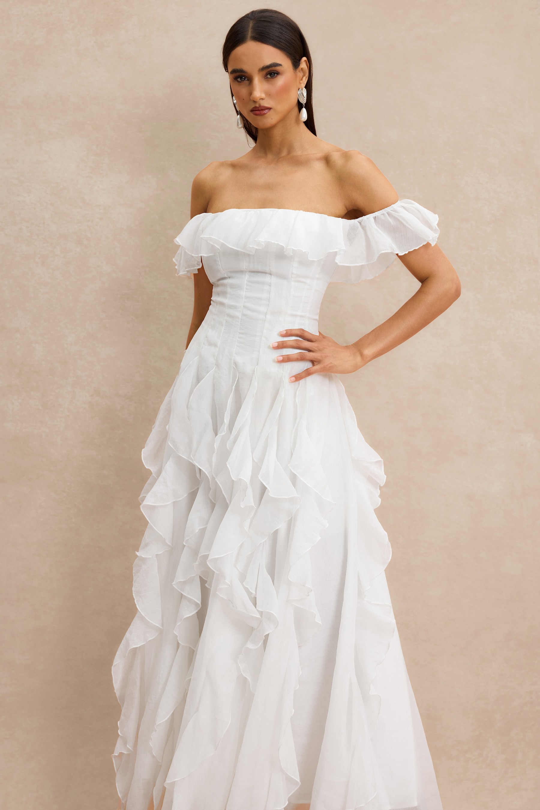 Solid Frill Off-Shoulder Maxi Dress