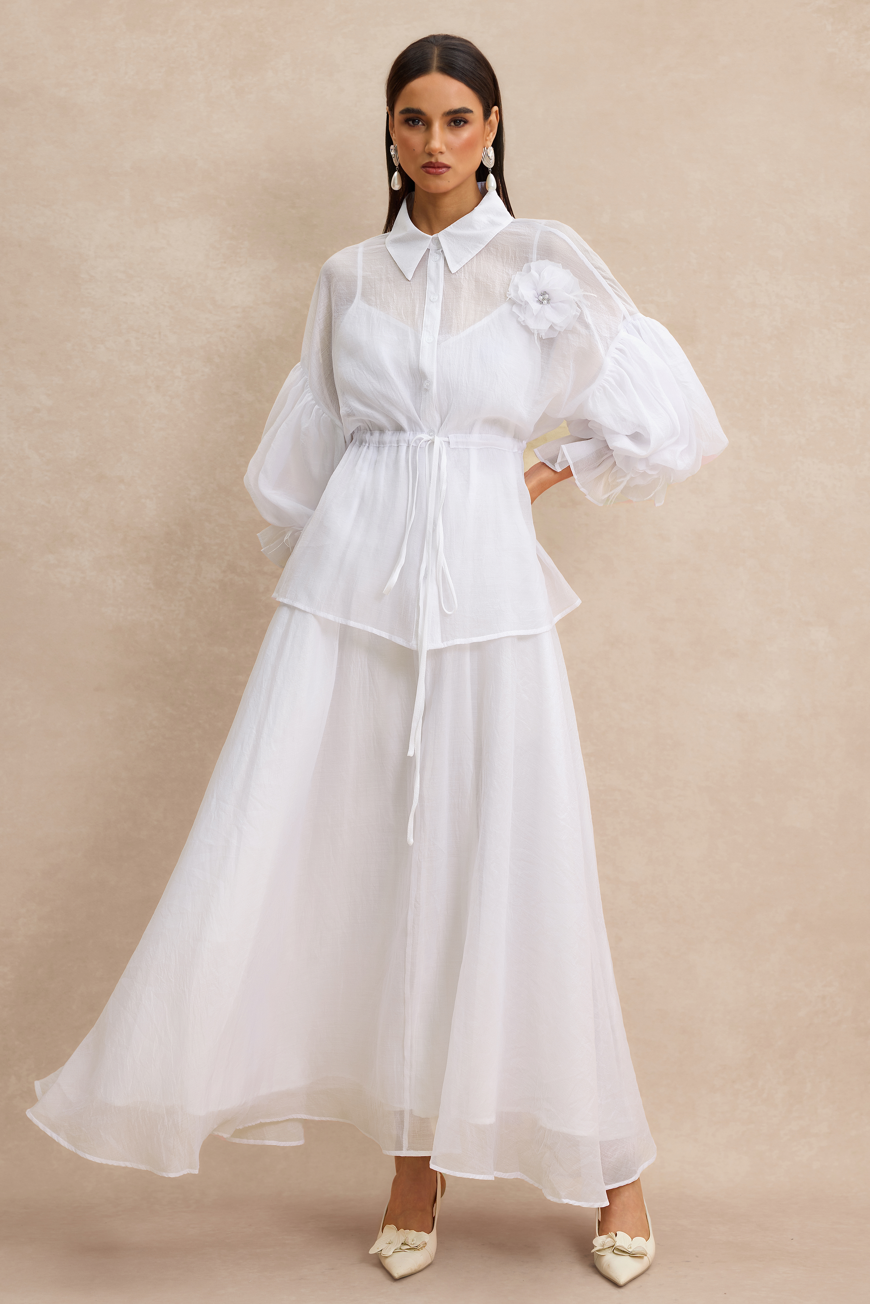 3D Flower Shirring Top & Slip Midi Dress Set