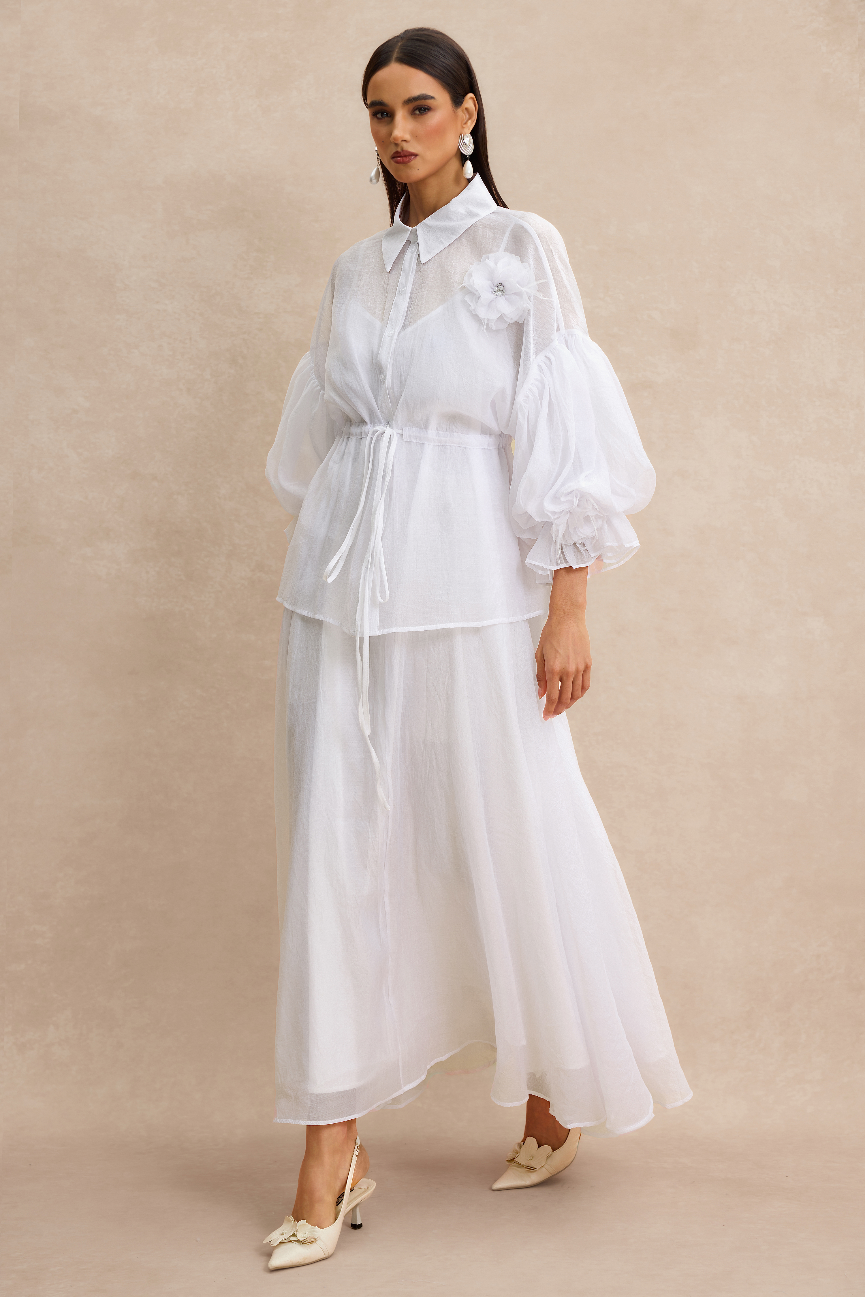 3D Flower Shirring Top & Slip Midi Dress Set