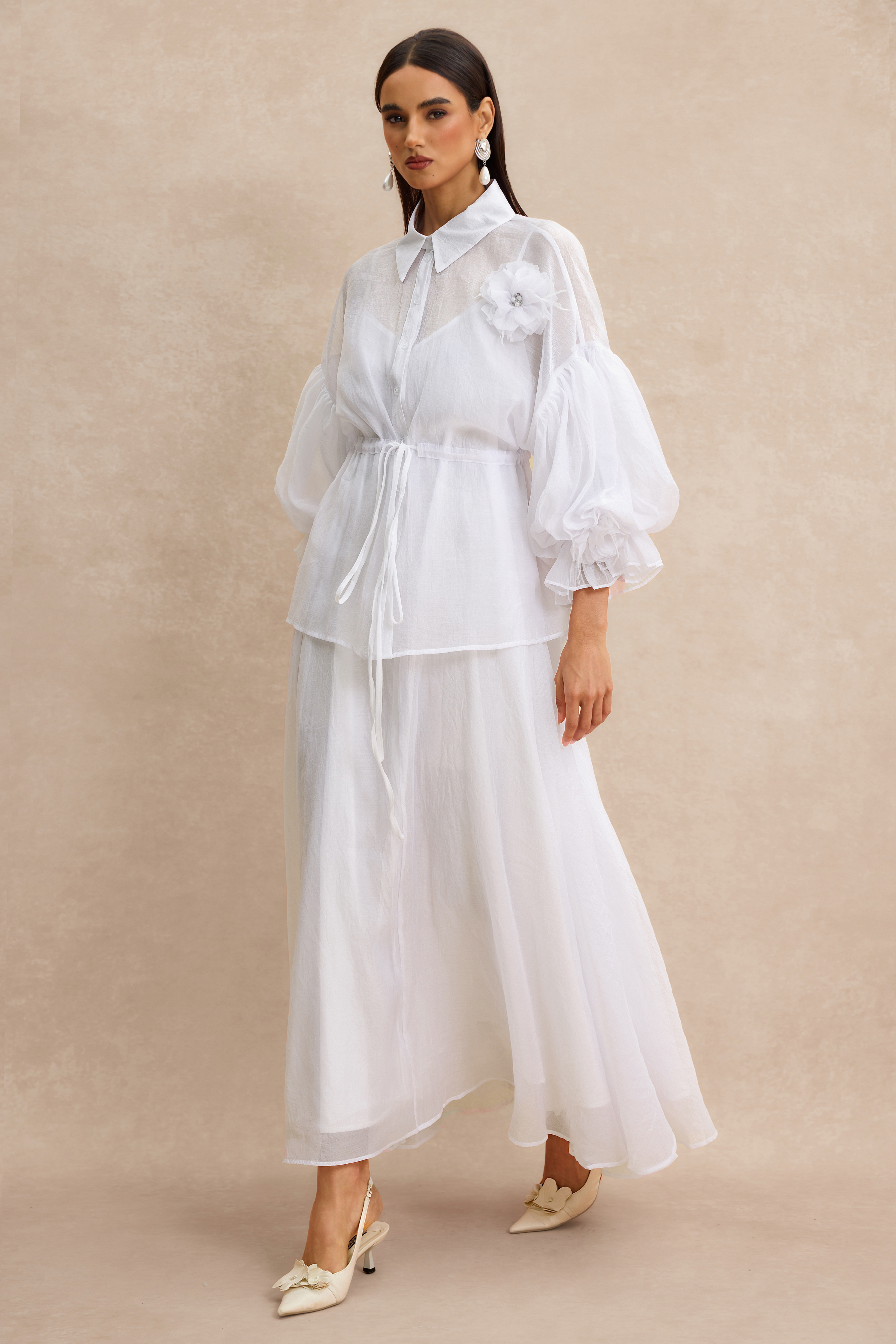 3D Flower Shirring Top & Slip Midi Dress Set