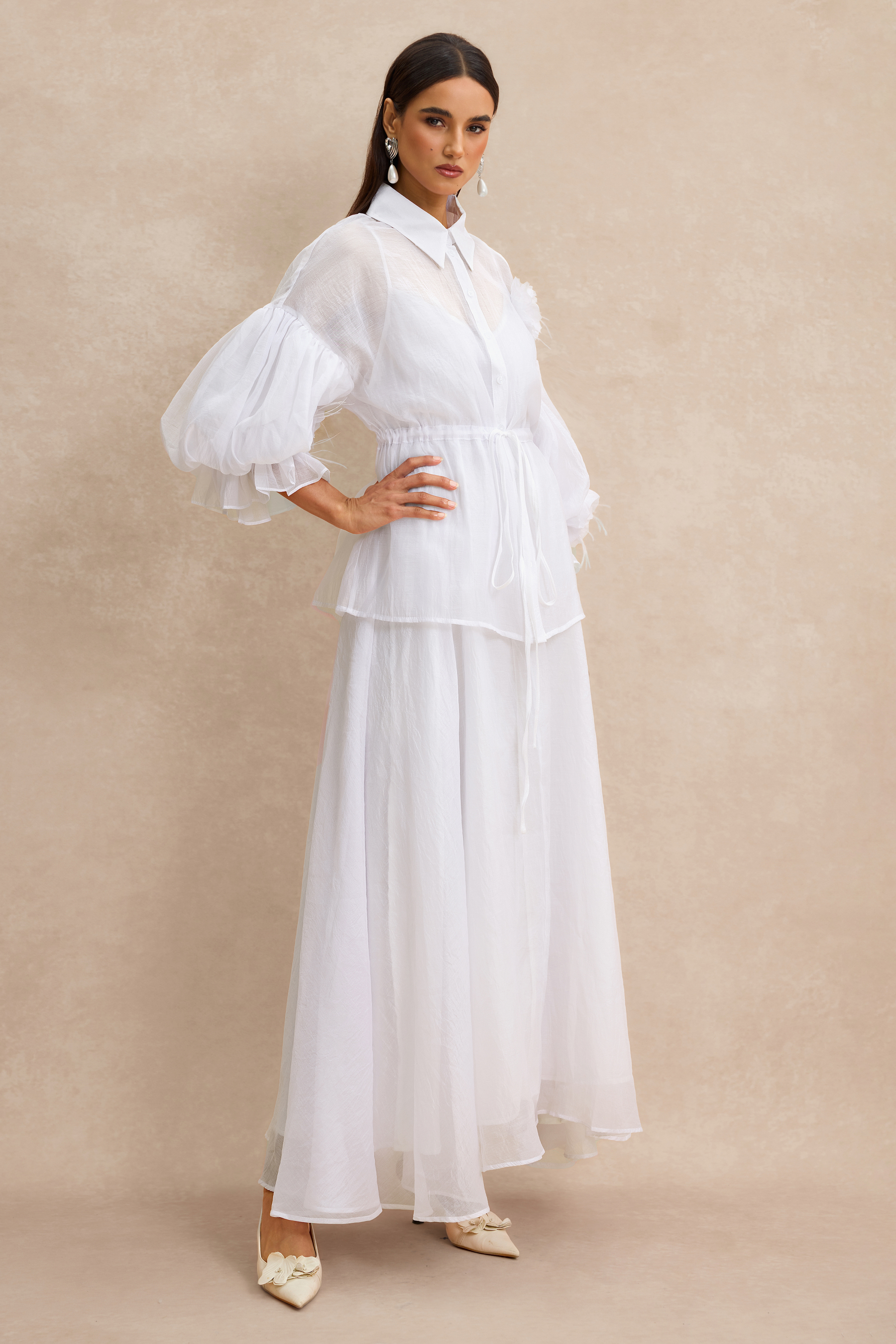 3D Flower Shirring Top & Slip Midi Dress Set