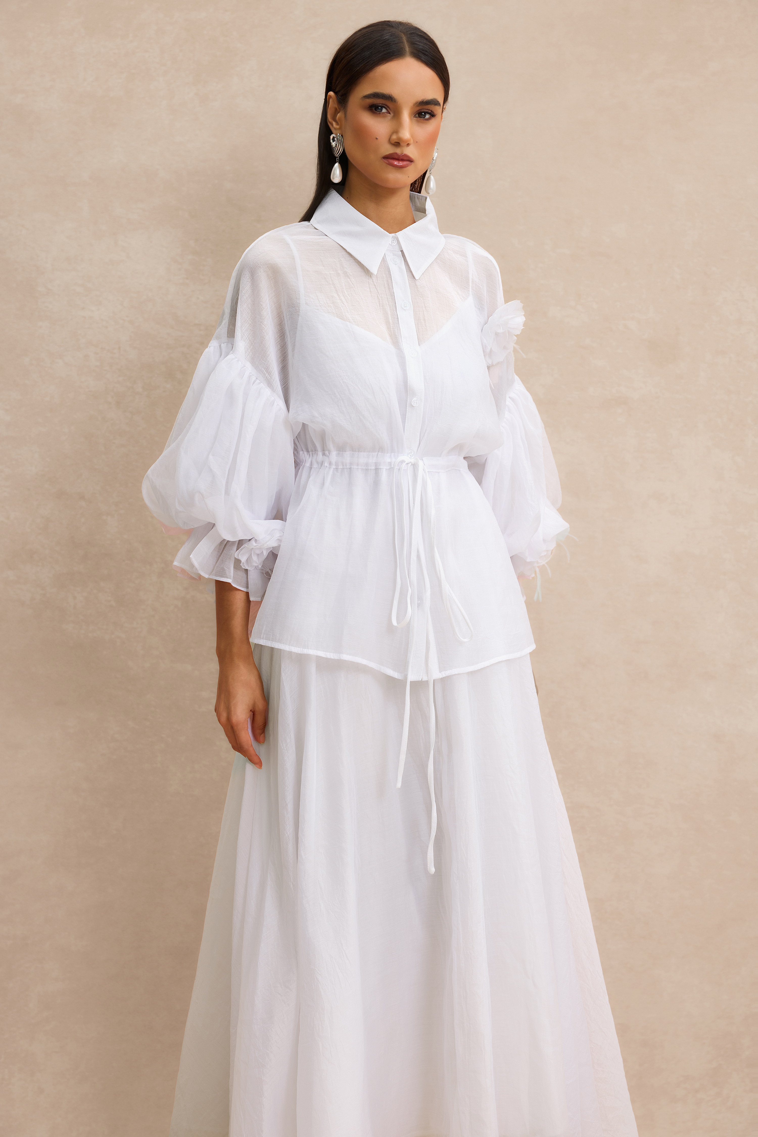 3D Flower Shirring Top & Slip Midi Dress Set