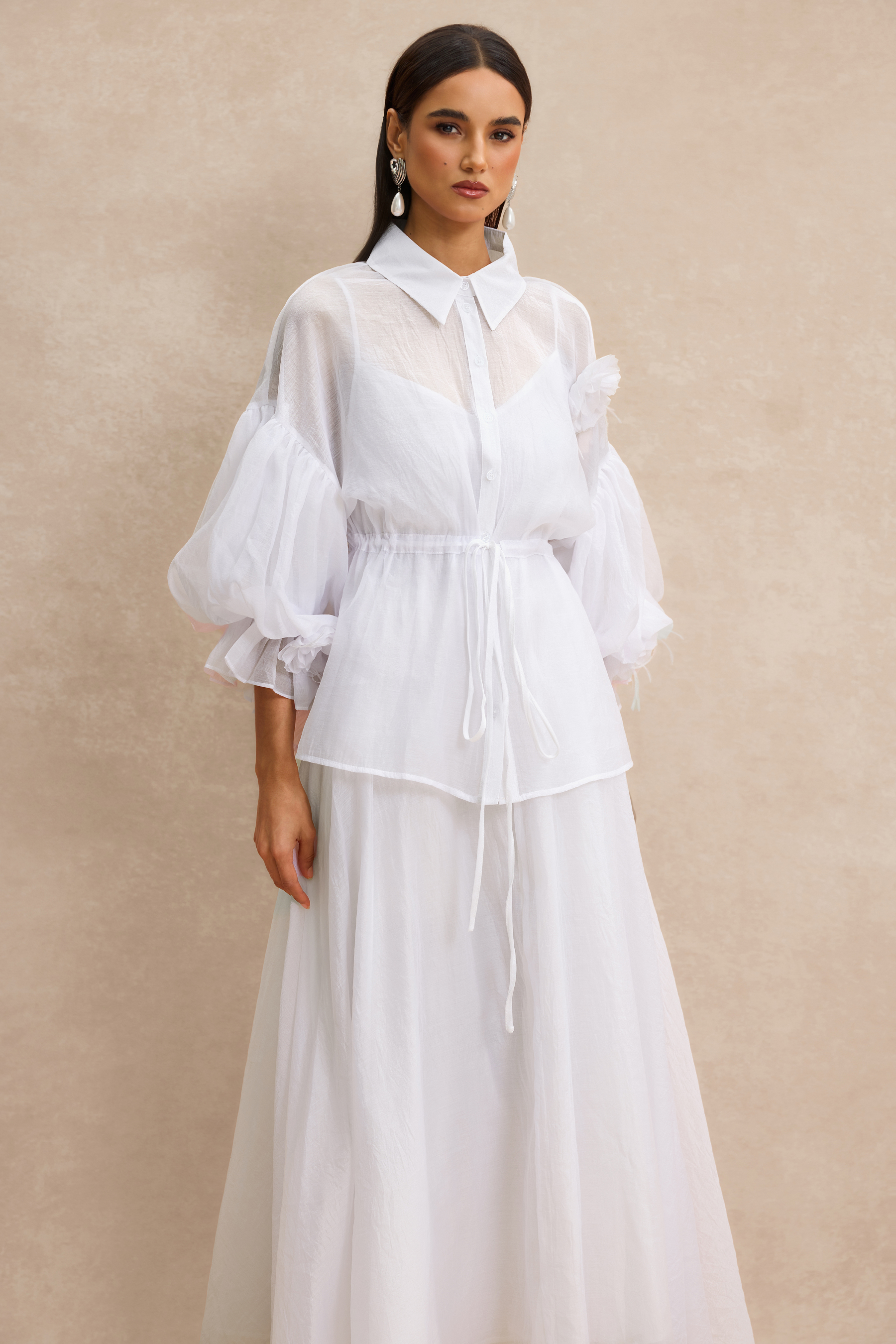 3D Flower Shirring Top & Slip Midi Dress Set